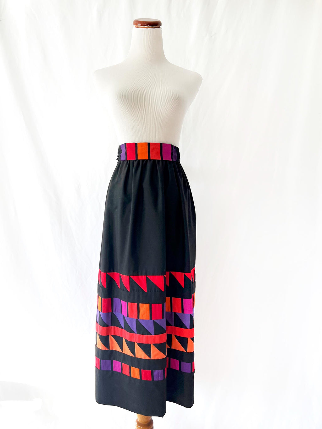 quilted patchwork skirt black with colorful geometric shapes small / medium