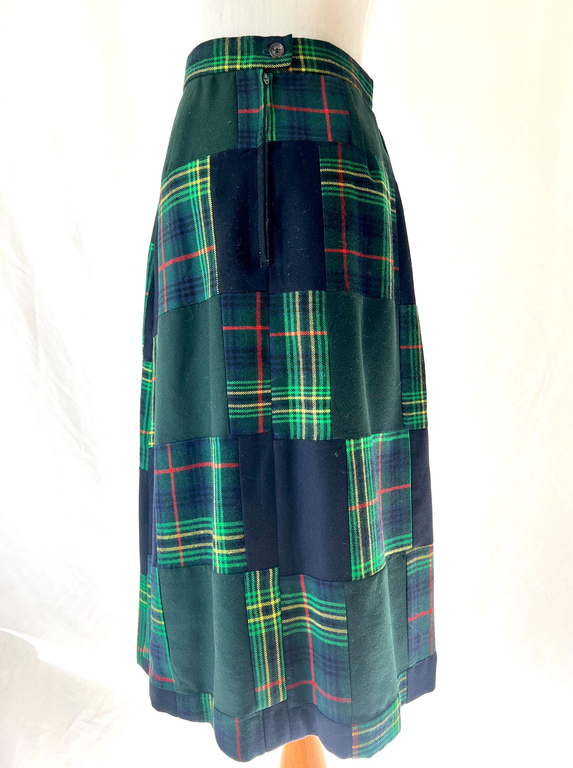 Vintage 1960s Tartan Plaid Wool Skirt: Patchwork Design, Size Small
