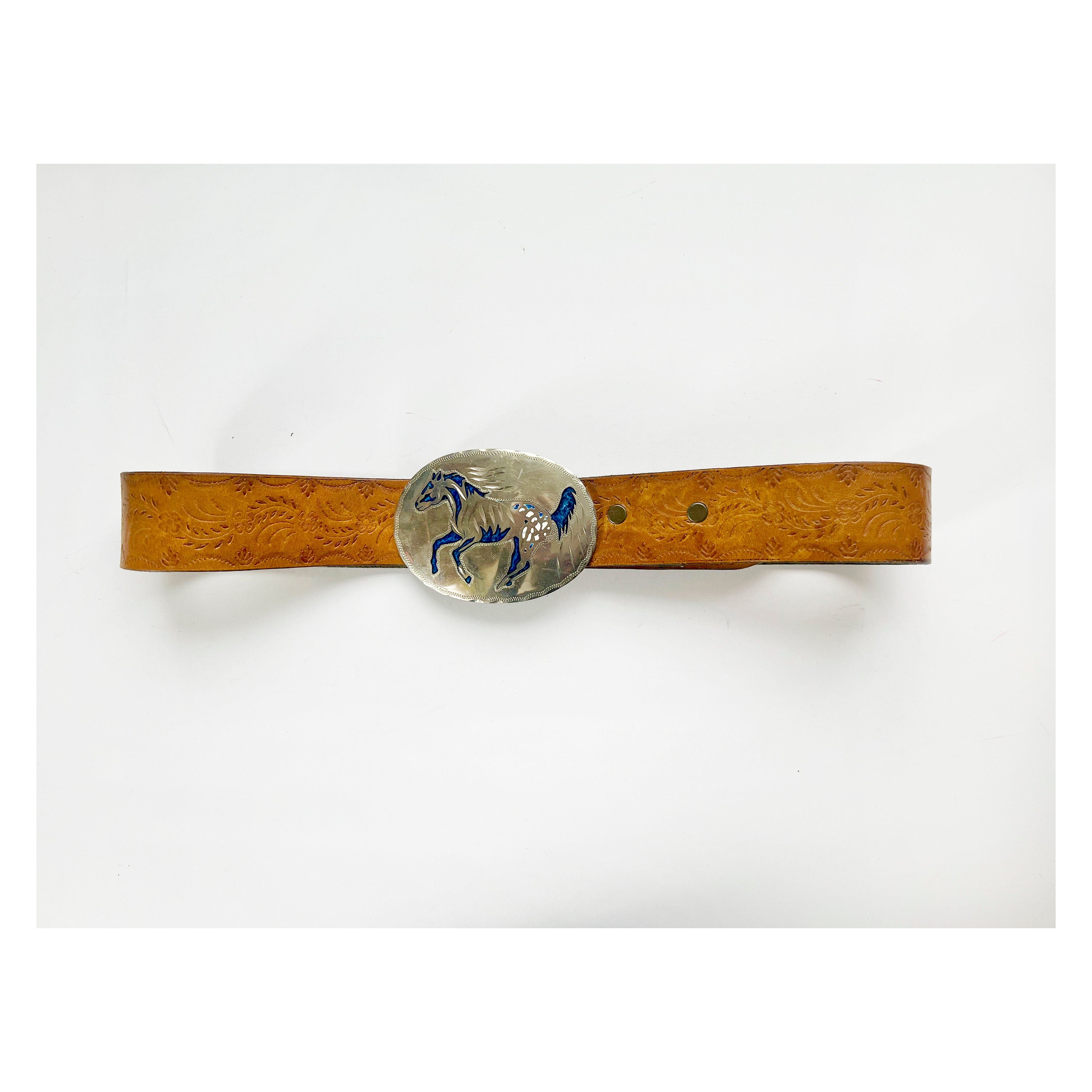 Vintage German Silver Western Belt: Leather Floral Embossed Belt, Size 8-10