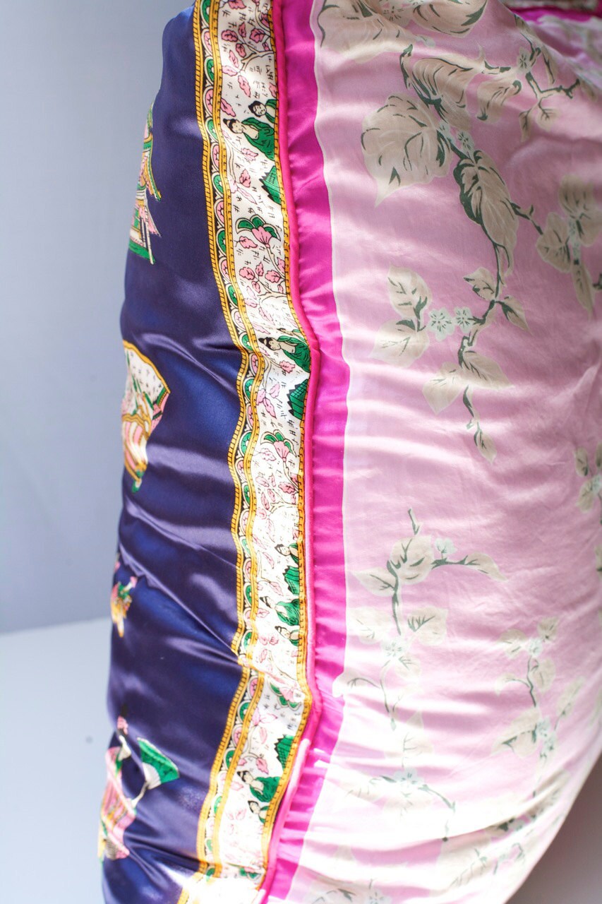 Vintage Silk Scarf Pillow Cover: Japan Cherry Blossoms, Pink Piping