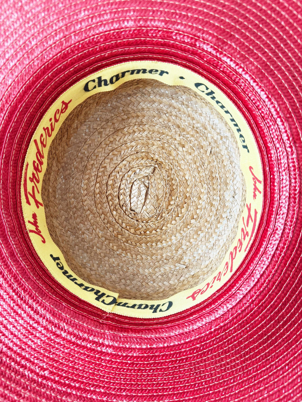 Vintage John Frederics Straw Boater Hat: Wide Brim, Red Velvet Ribbon