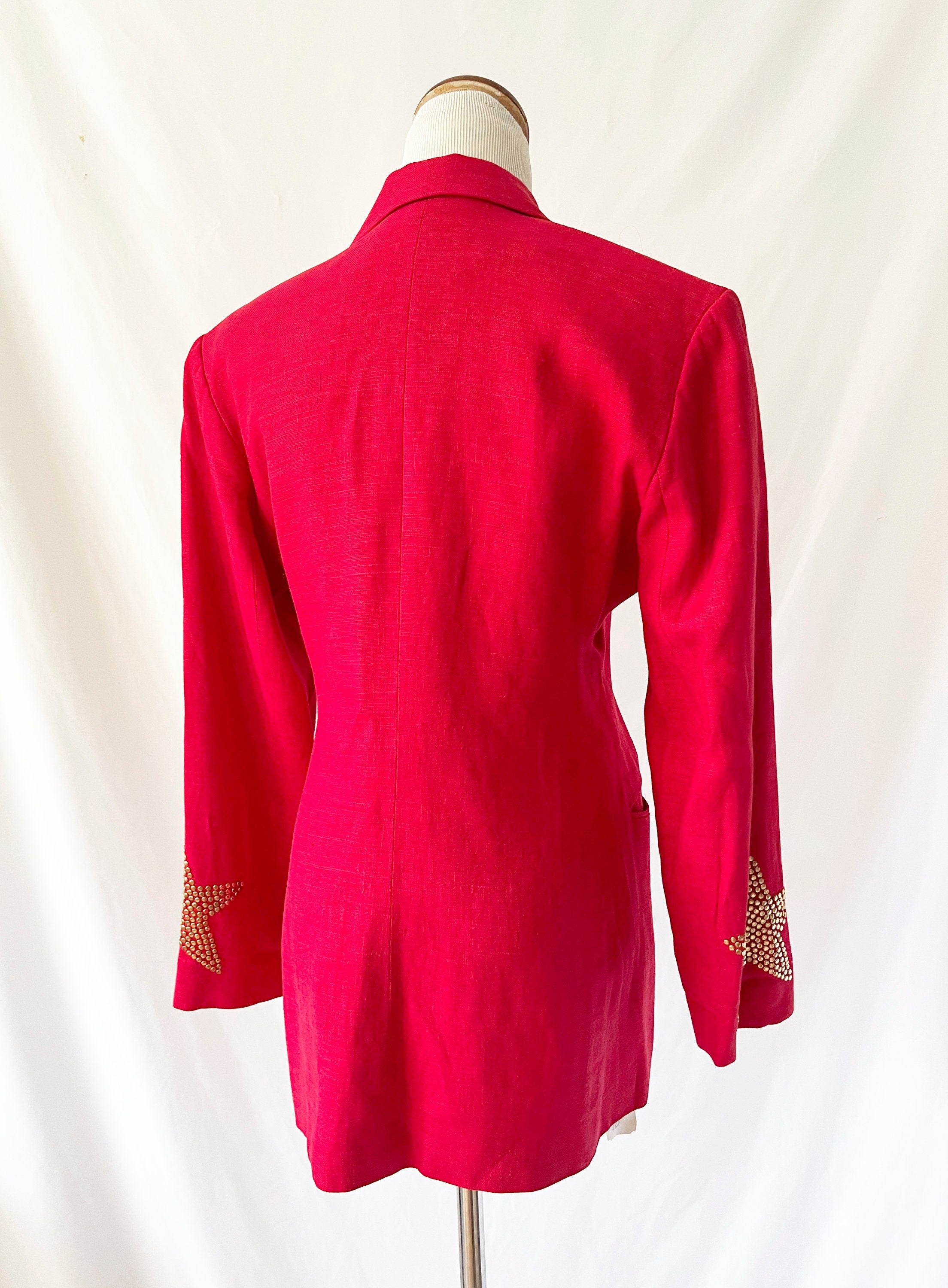 vintage red linen blazer gold star details 1990s blazer size 6