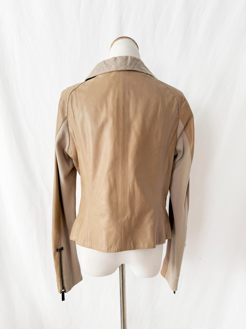Leather Jacket with oversized Linen Collar Large