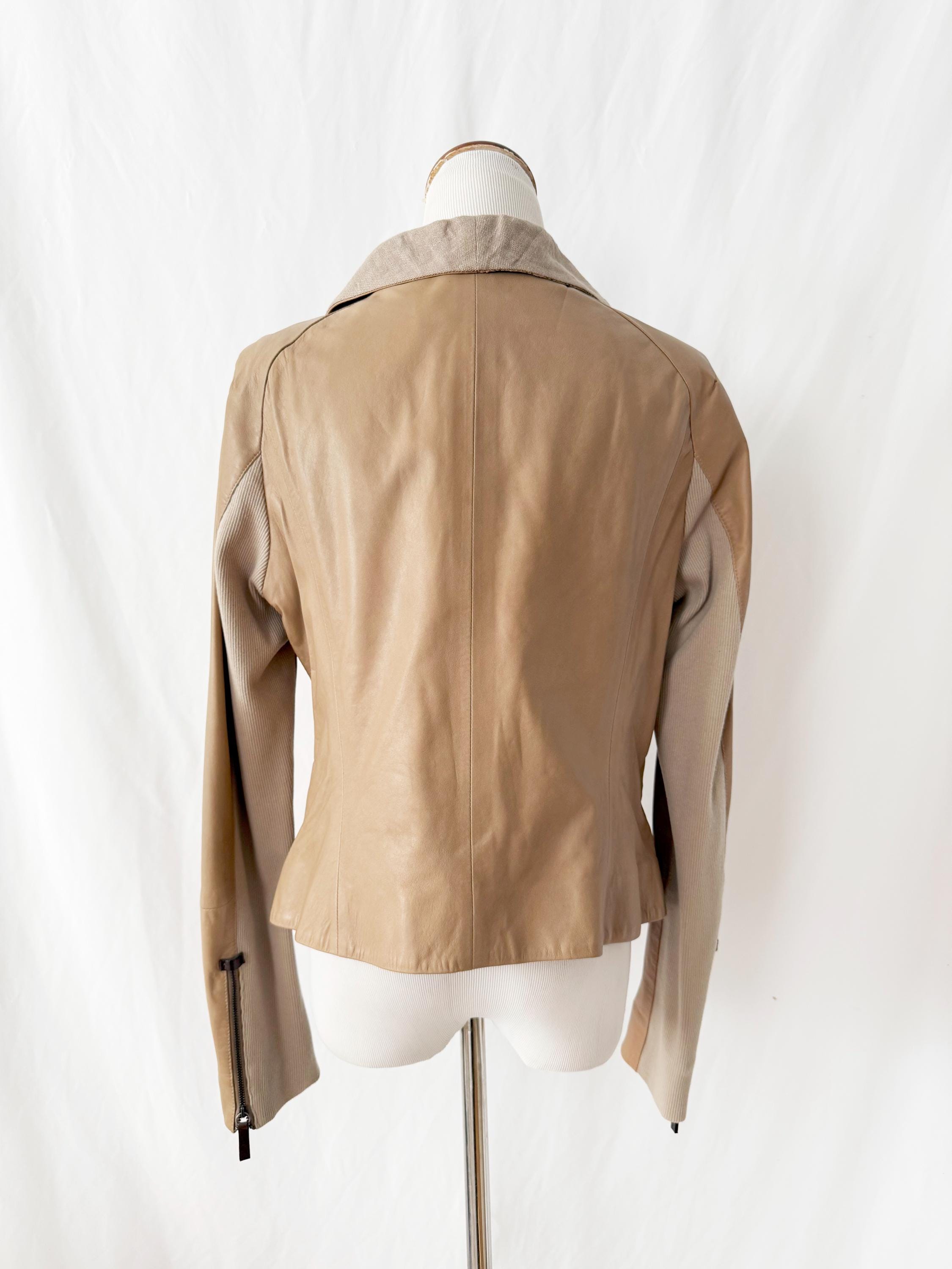 Leather Jacket with oversized Linen Collar Large
