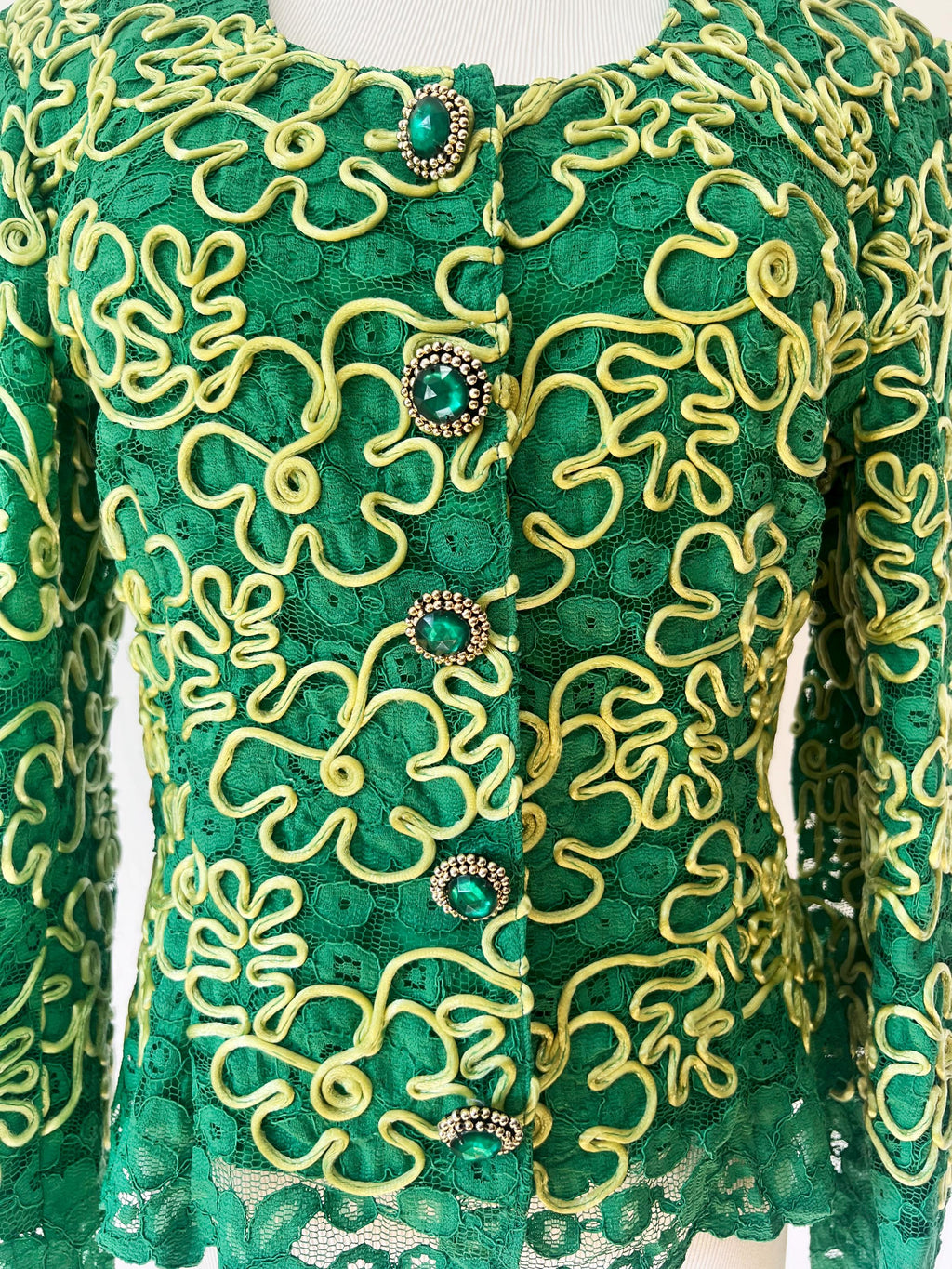 1970s Italian couture green and yellow lace jacket with rhinestone buttons small