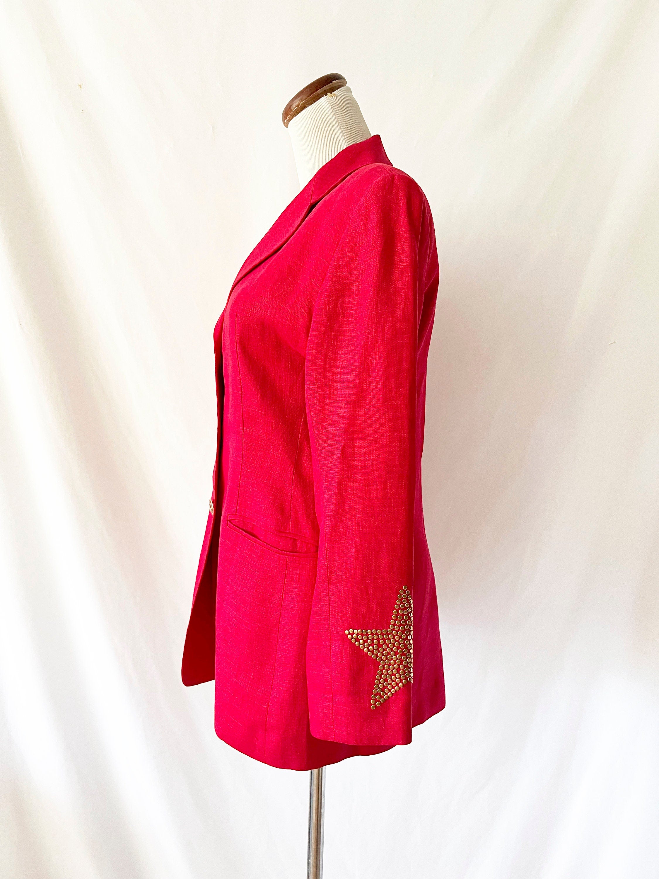 vintage red linen blazer gold star details 1990s blazer size 6