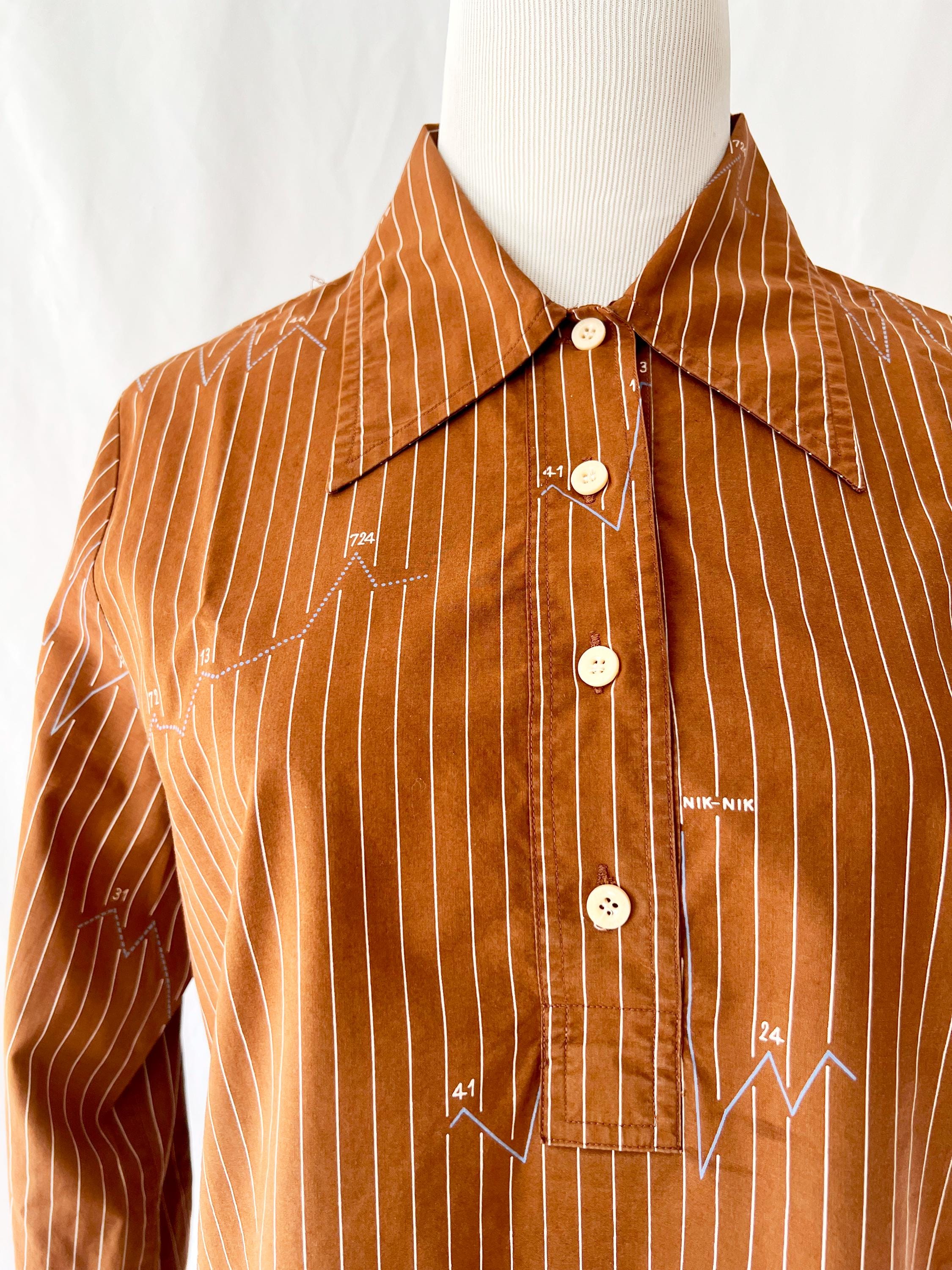 1970's Nik Nik Math Graph Half Button-down Shirt Brown Striped Blouse Small