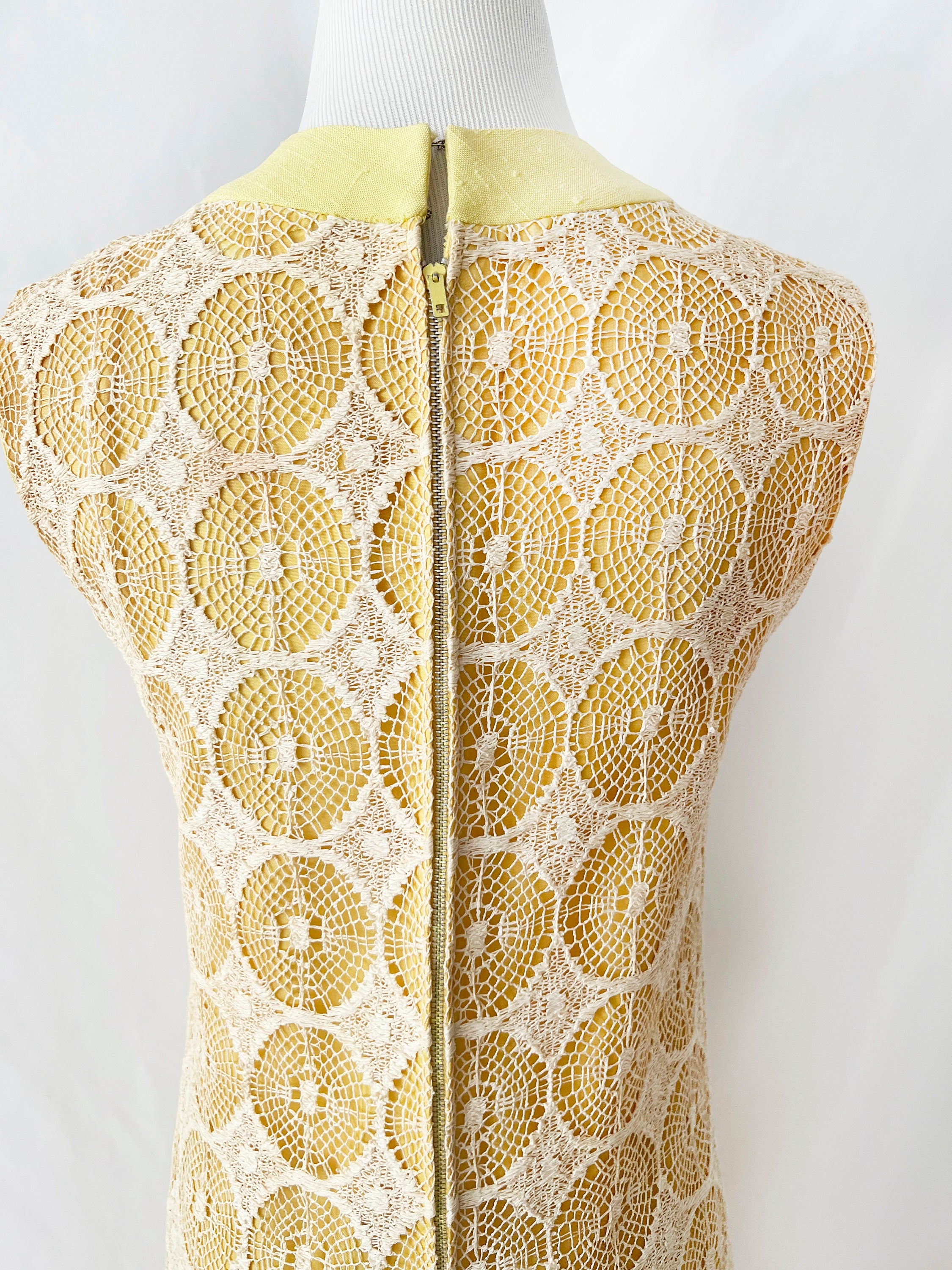 Vintage 1960s Crochet Linen Dress: Mod Yellow Sheath, Pockets, Medium