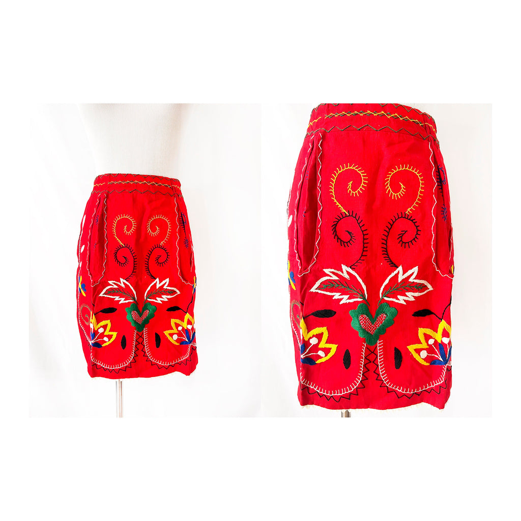half apron red with colorful embroidery