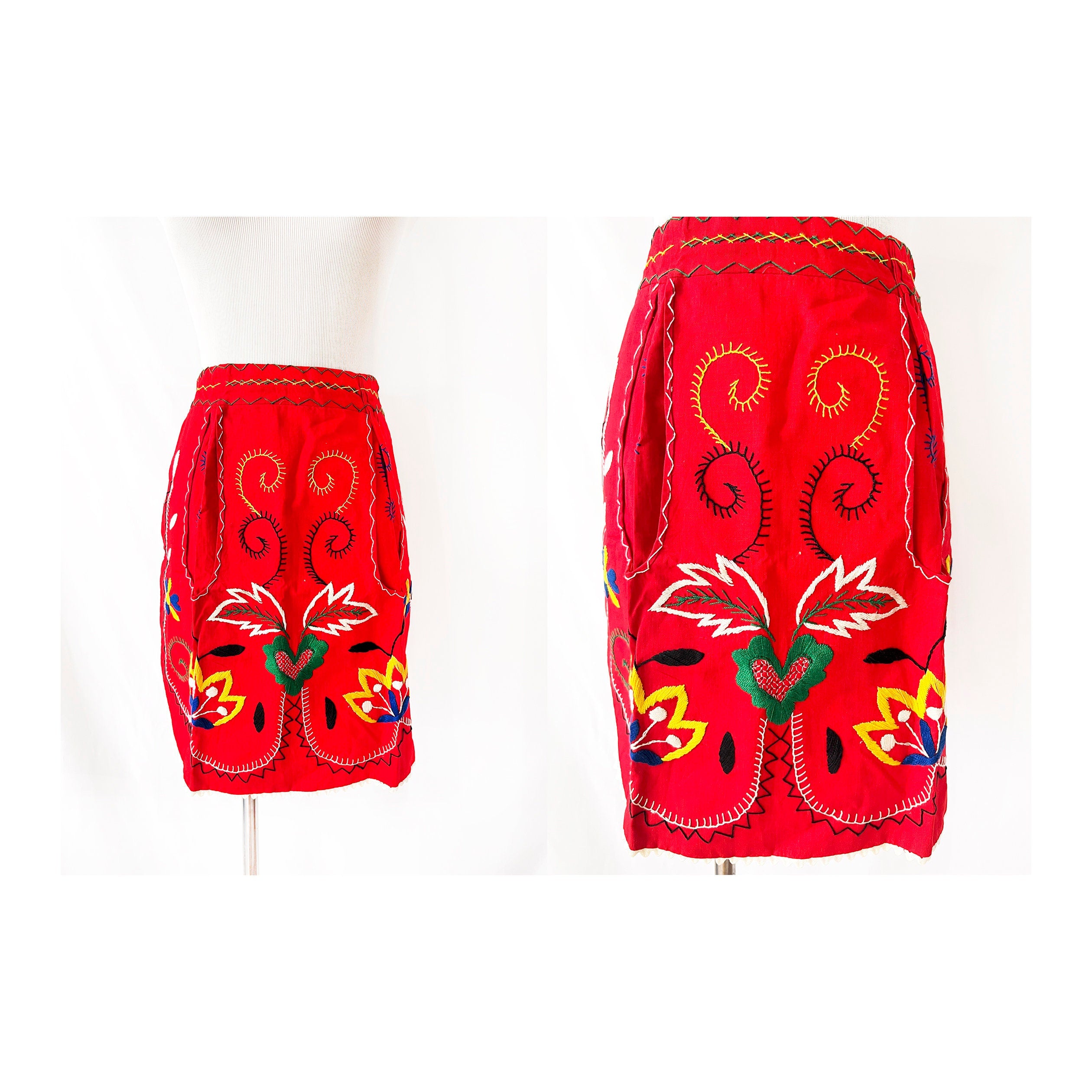 half apron red with colorful embroidery