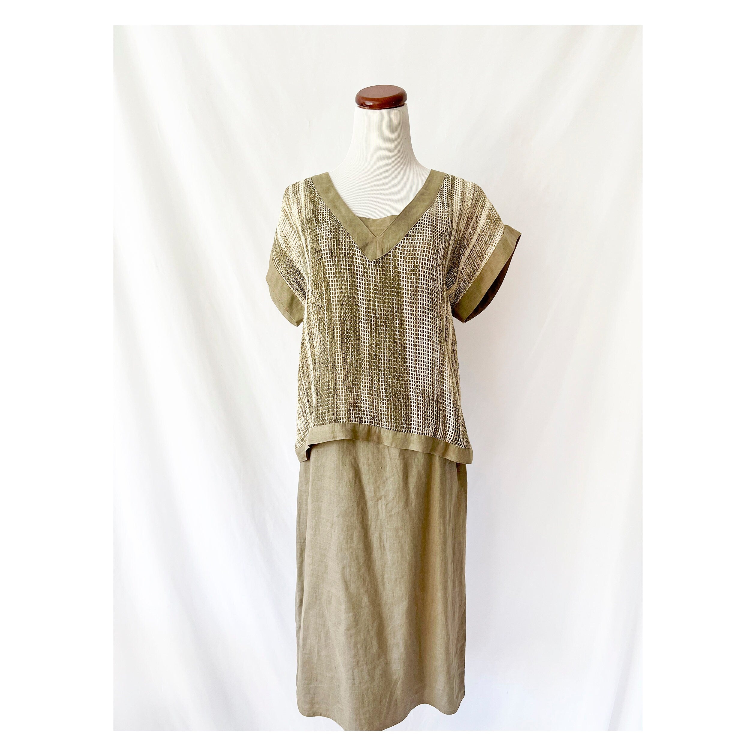 Maggy London by Jeannene Booher / Vintage 1980s fish net top and linen dress small