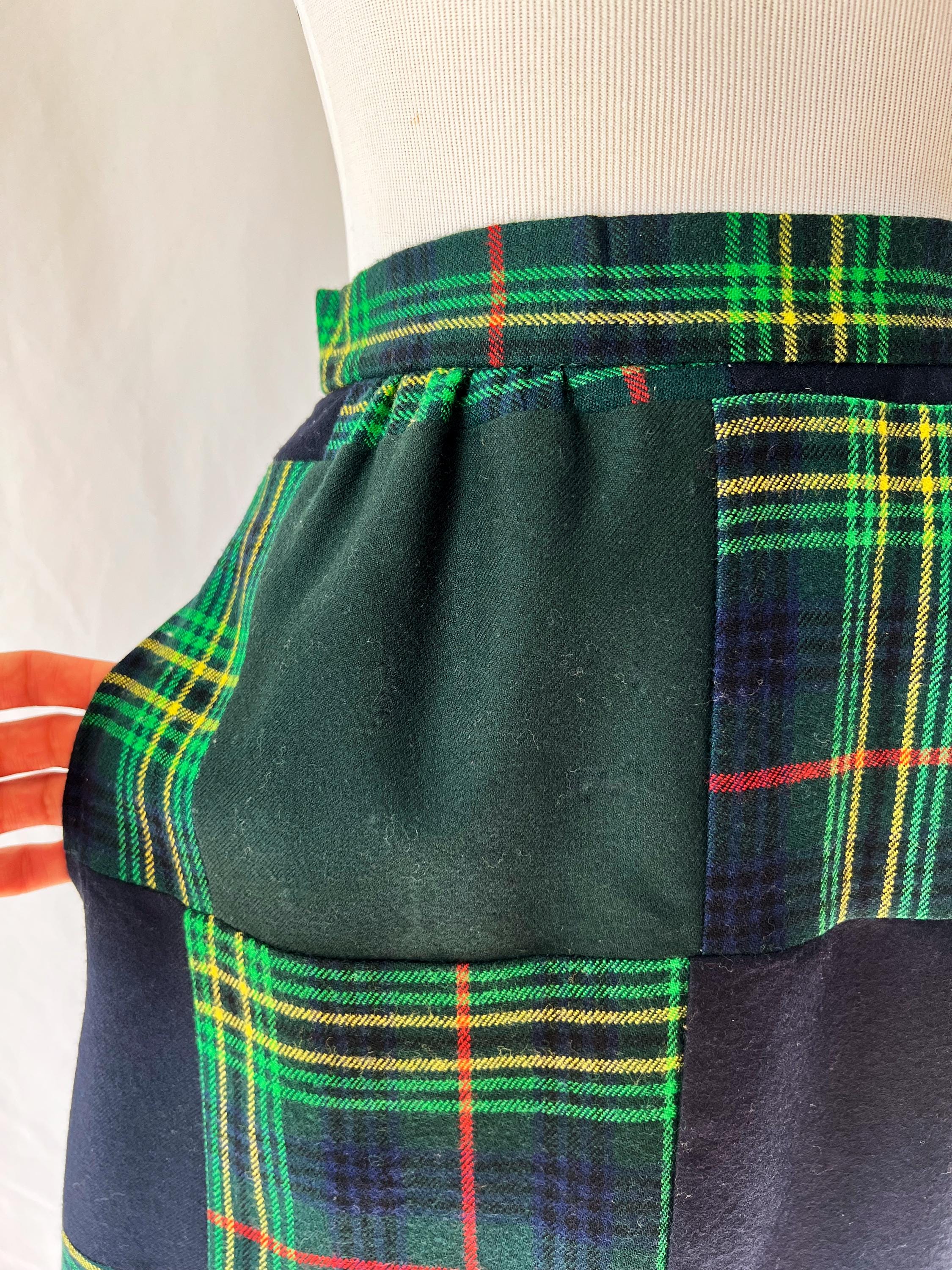 Vintage 1960s Tartan Plaid Wool Skirt: Patchwork Design, Size Small