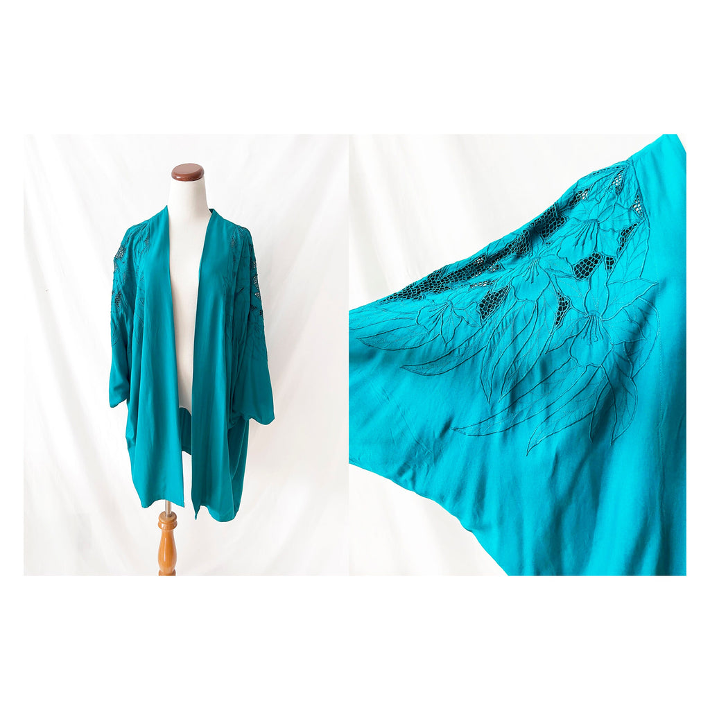 vintage 1980s cut out cardigan rayon hibiscus shawl kimono large  xlarge