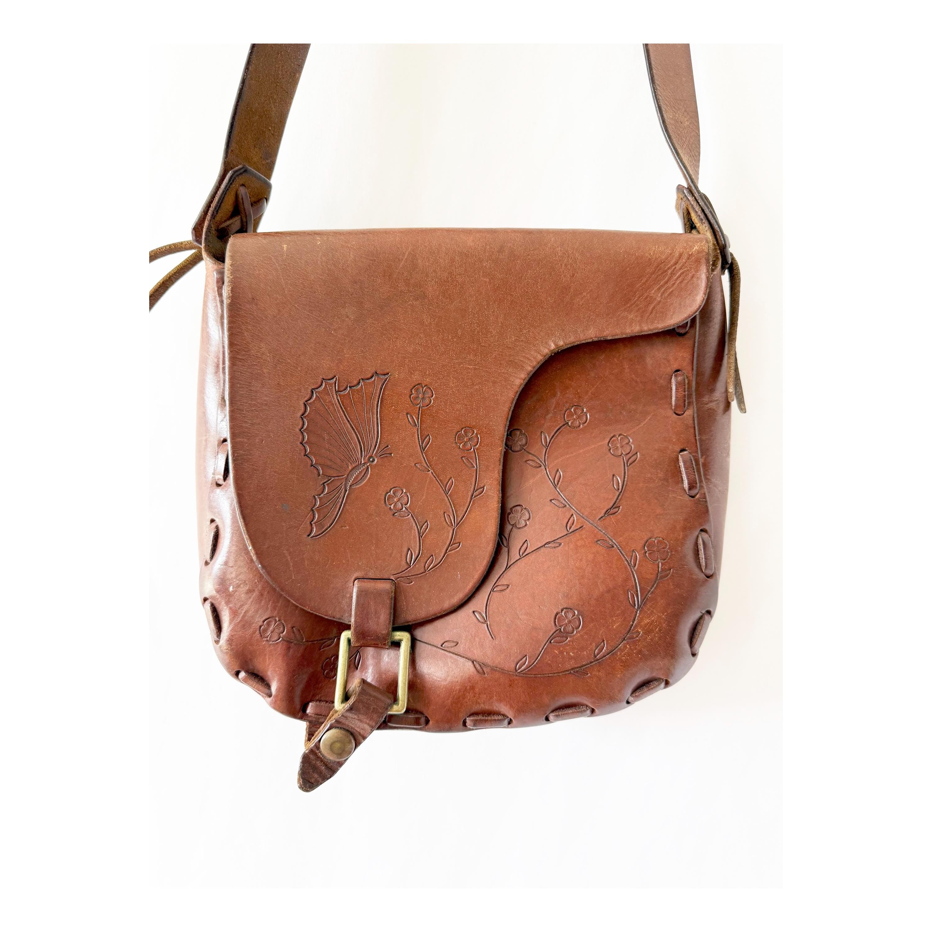 Vntg 60s Tooled Leather Purse Butterfly and Flowers