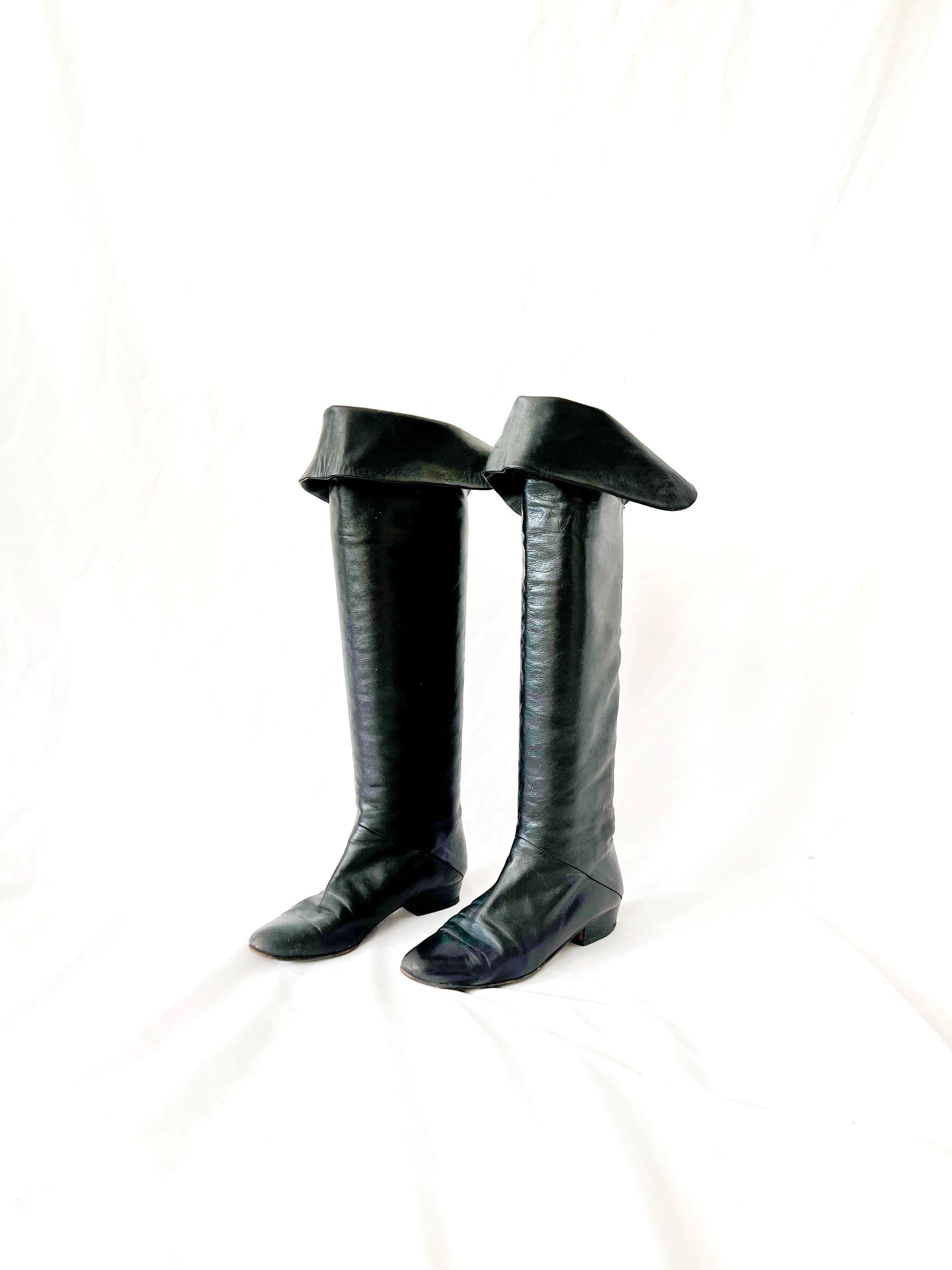 Vintage 80s Black Leather Pirate Boots - Italian Made, Size US 6.5