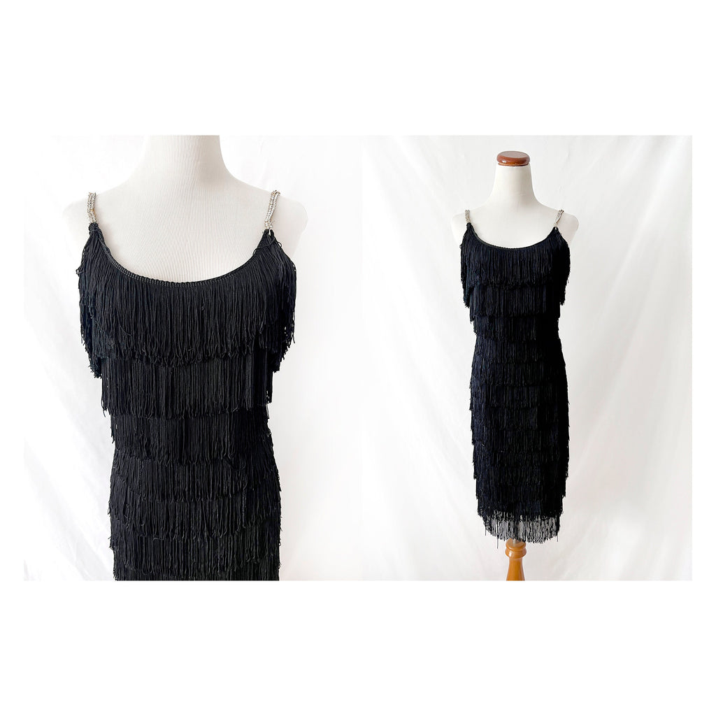 Vintage Black Fringe Dress with Rhinestone Straps - XS/S - Needs Repair