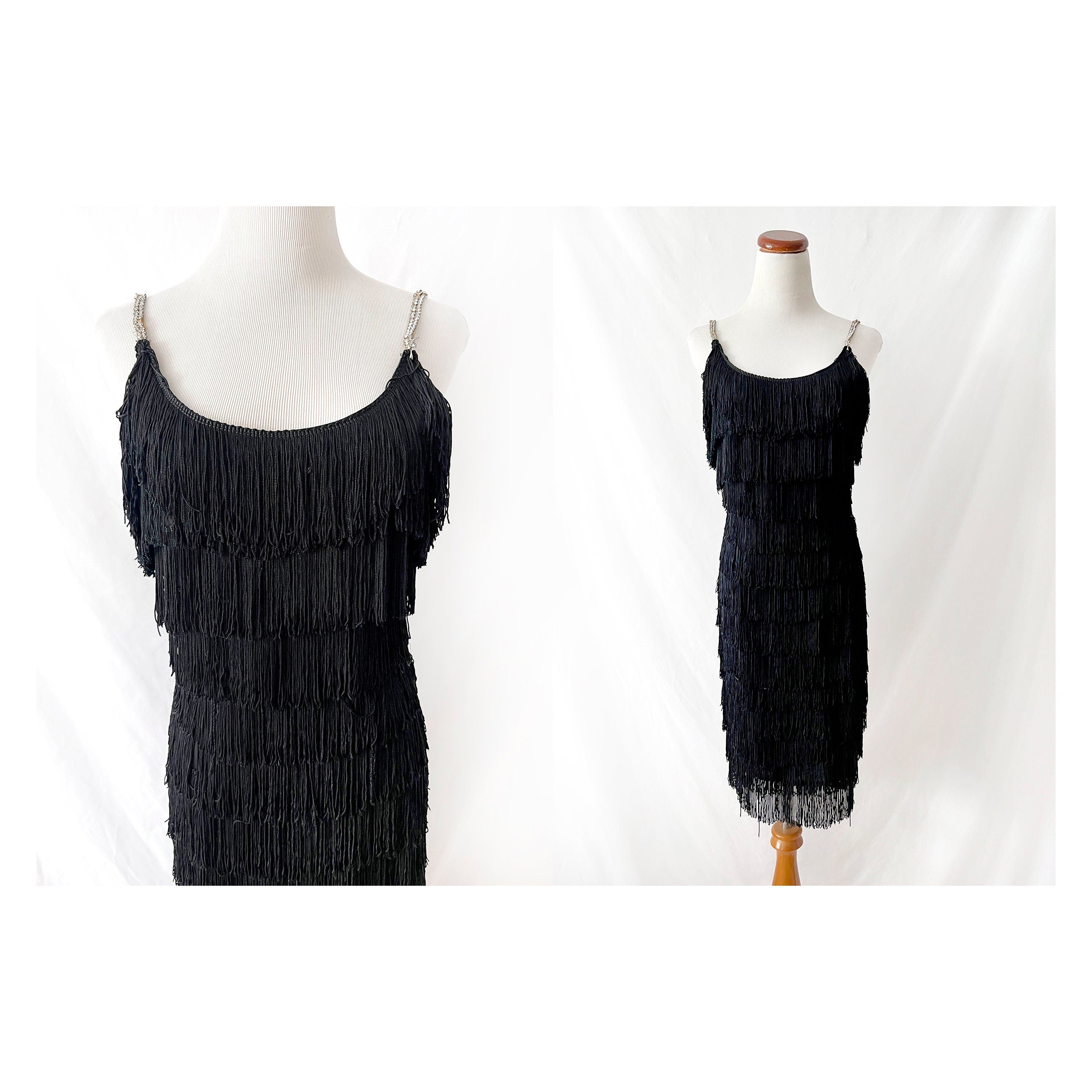 Vintage Black Fringe Dress with Rhinestone Straps - XS/S - Needs Repair