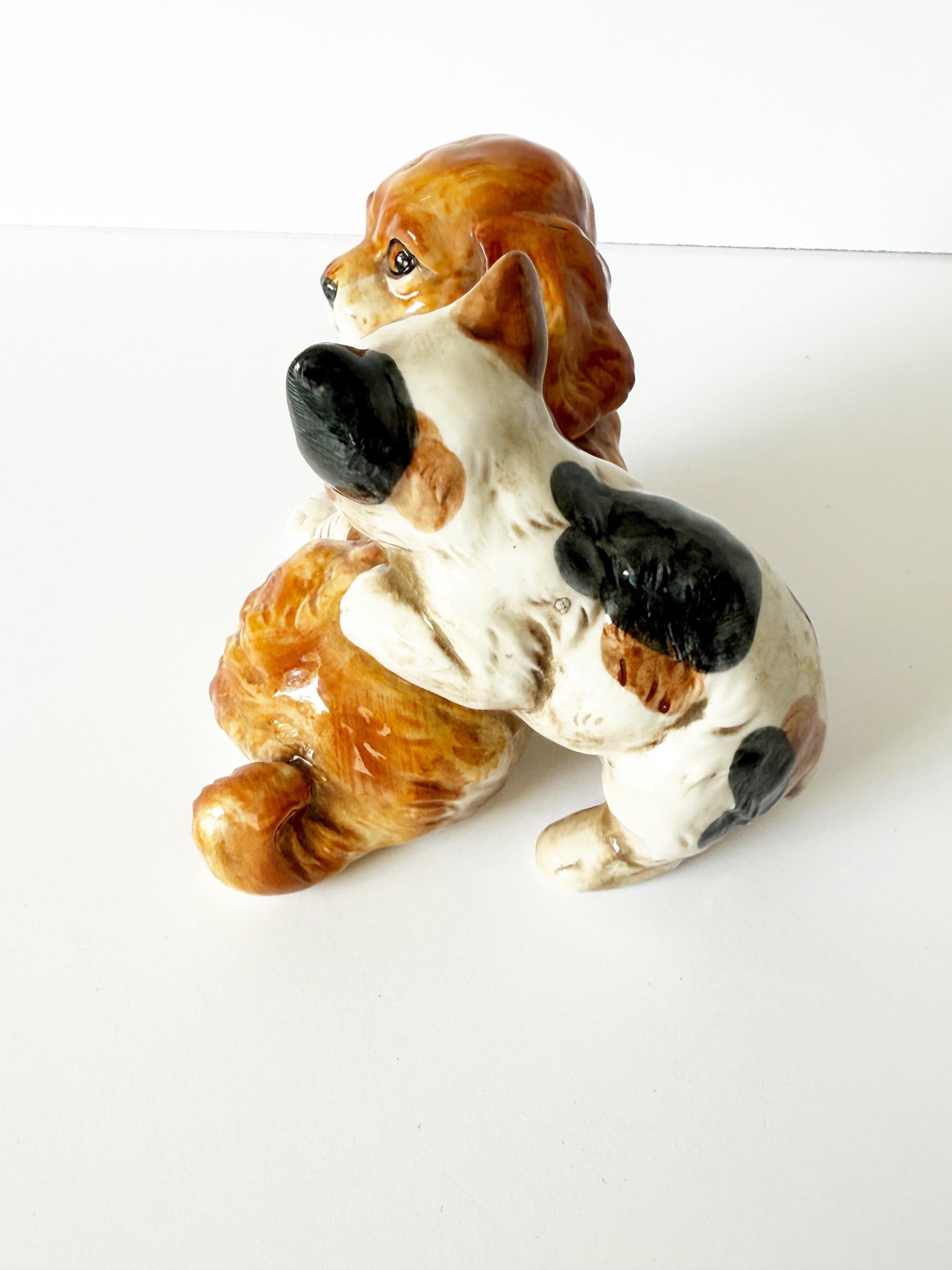 Vintage Enesco Porcelain Spaniel Puppy Dog with Playful Kitten Cat Collectible Figurine