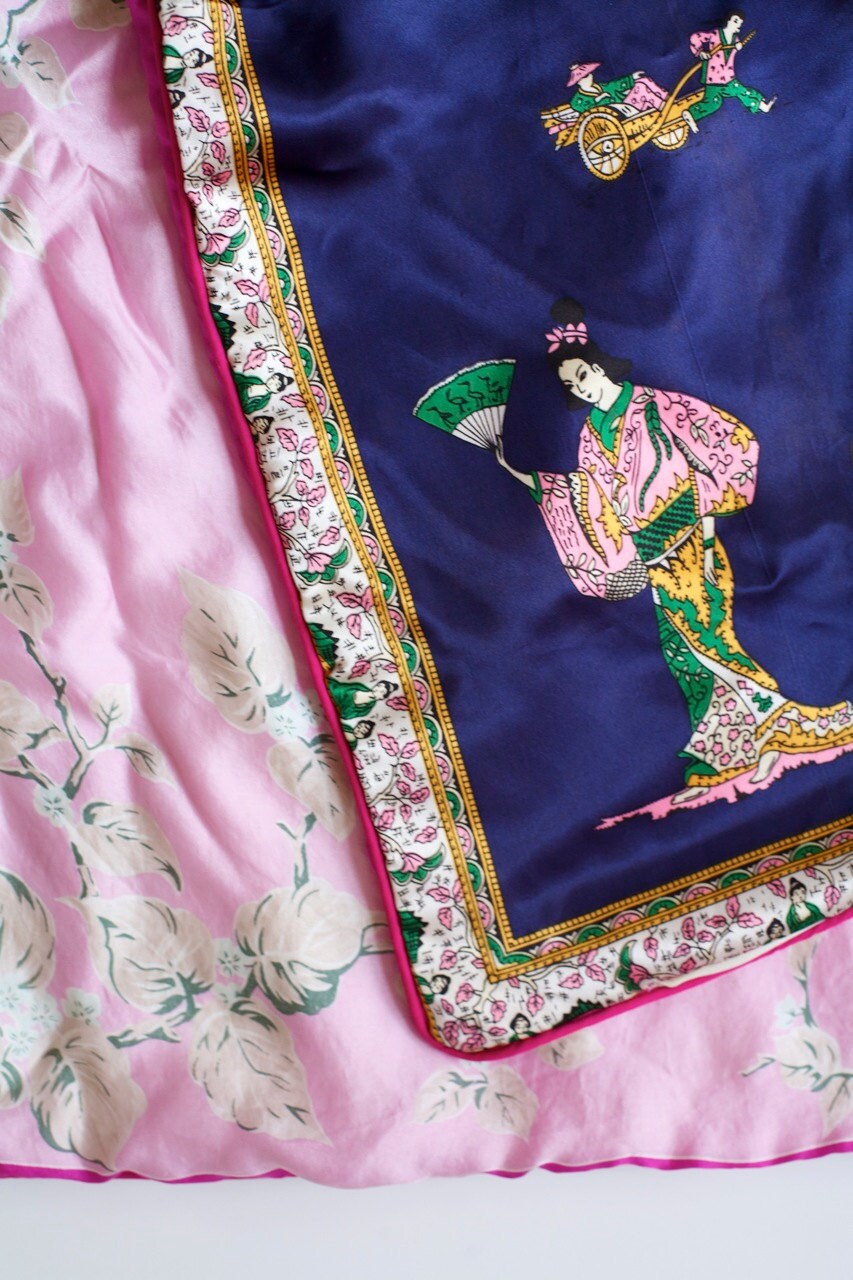 Vintage Silk Scarf Pillow Cover: Japan Cherry Blossoms, Pink Piping