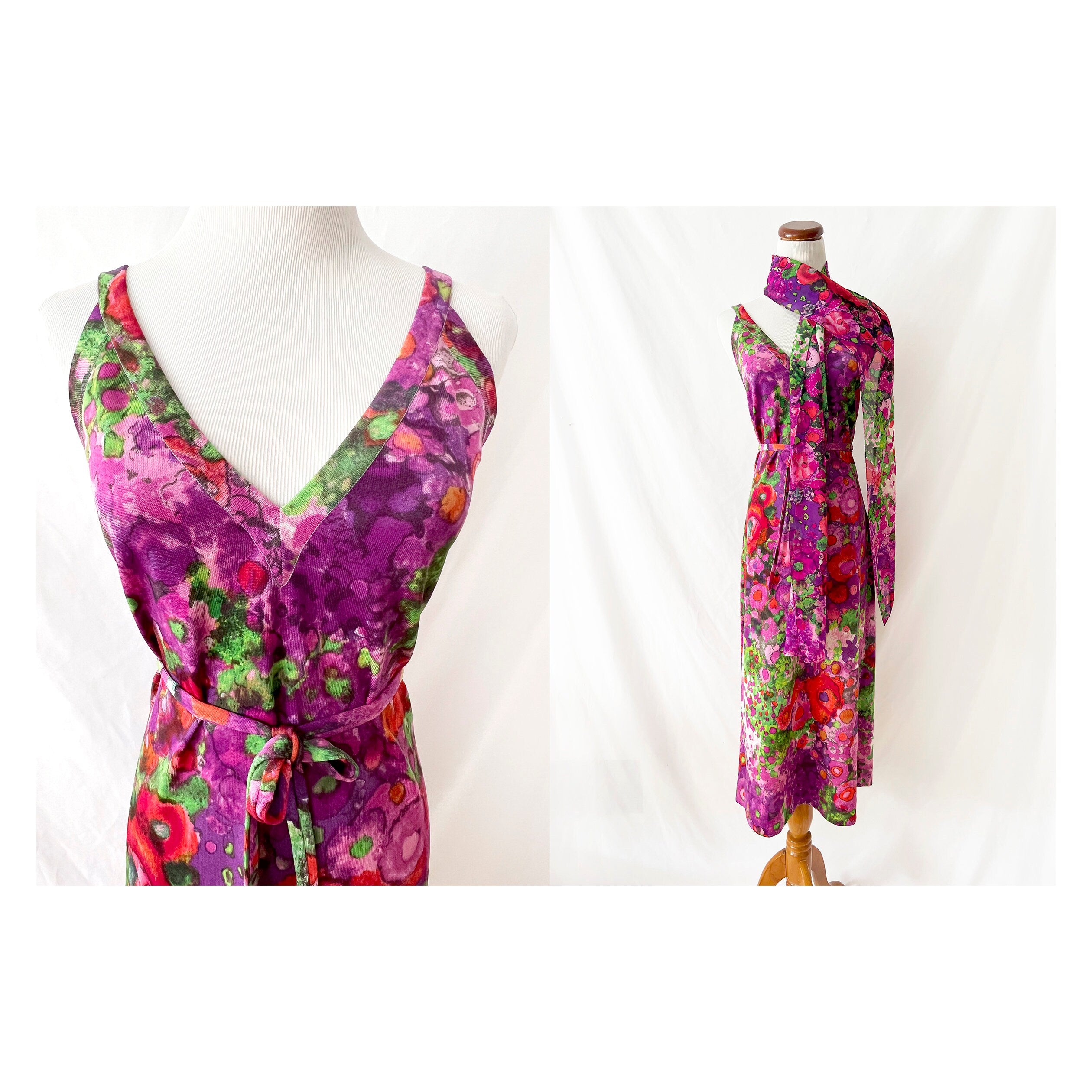 goldworm vintage 1970s floral maxi dress with matching scarf and belt small
