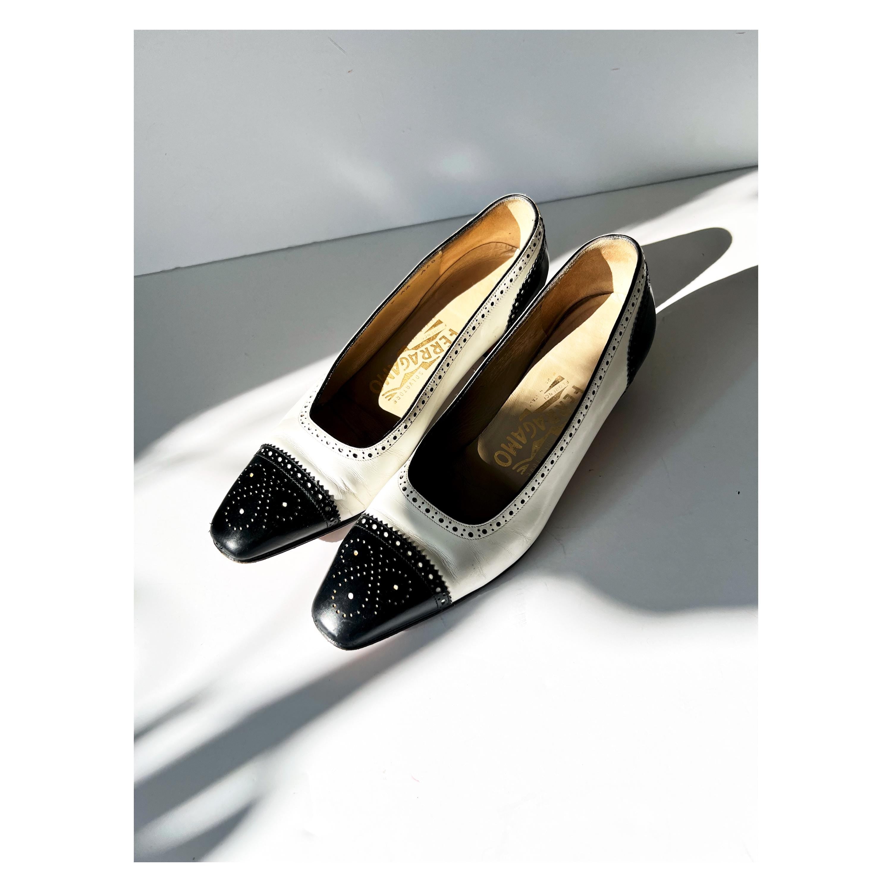 Vintage Salvatore Ferragamo Leather Kitten Heel Pumps: Black & White Oxford, Size 7 Narrow