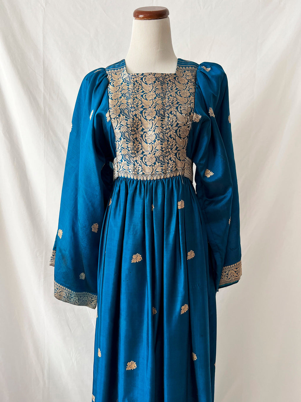 Vintage 70s Silk Gown: Turquoise Blue Embroidered Bell Sleeve Dress