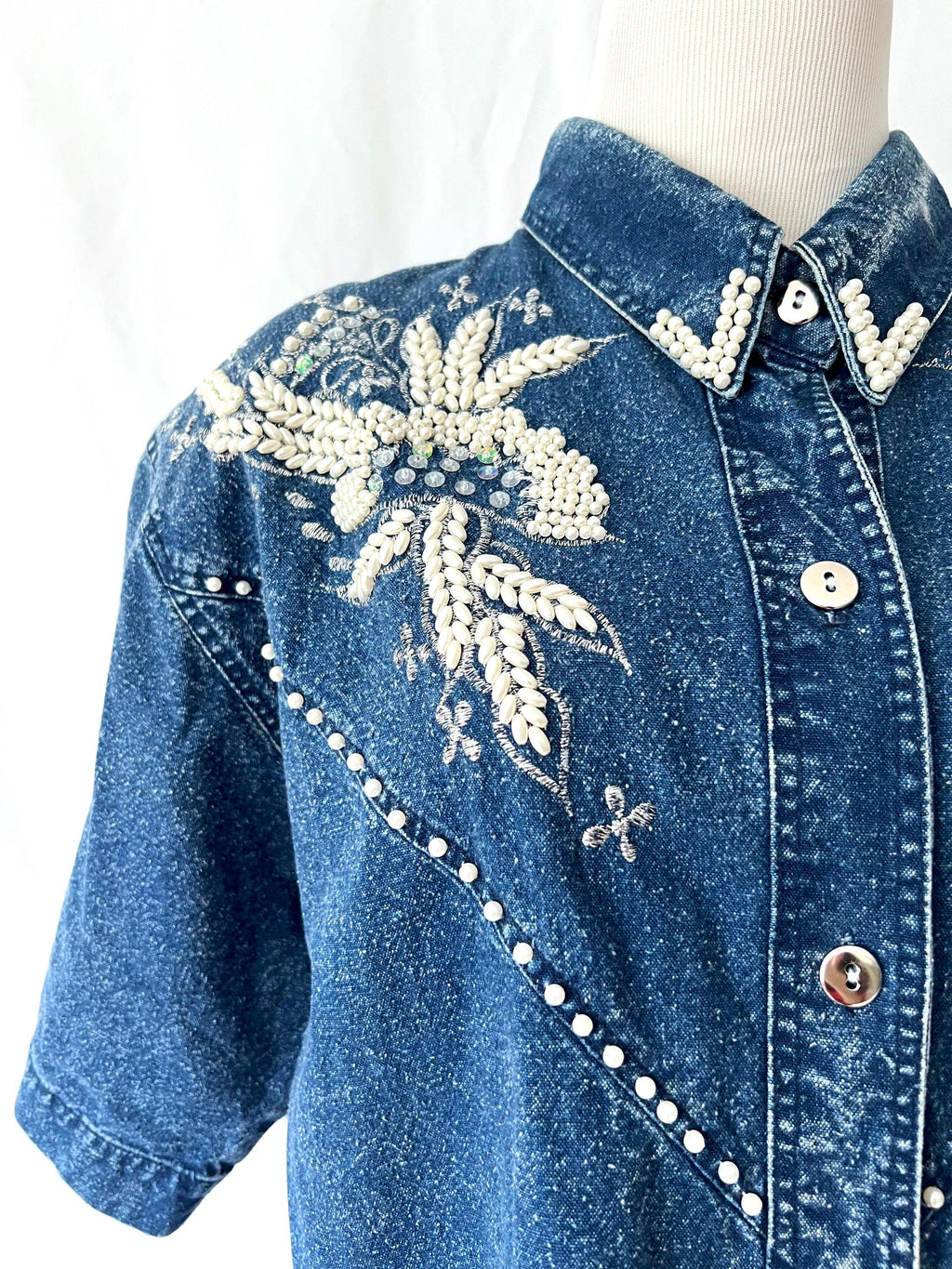 vintage 80s sequins and pearls denim shirt large