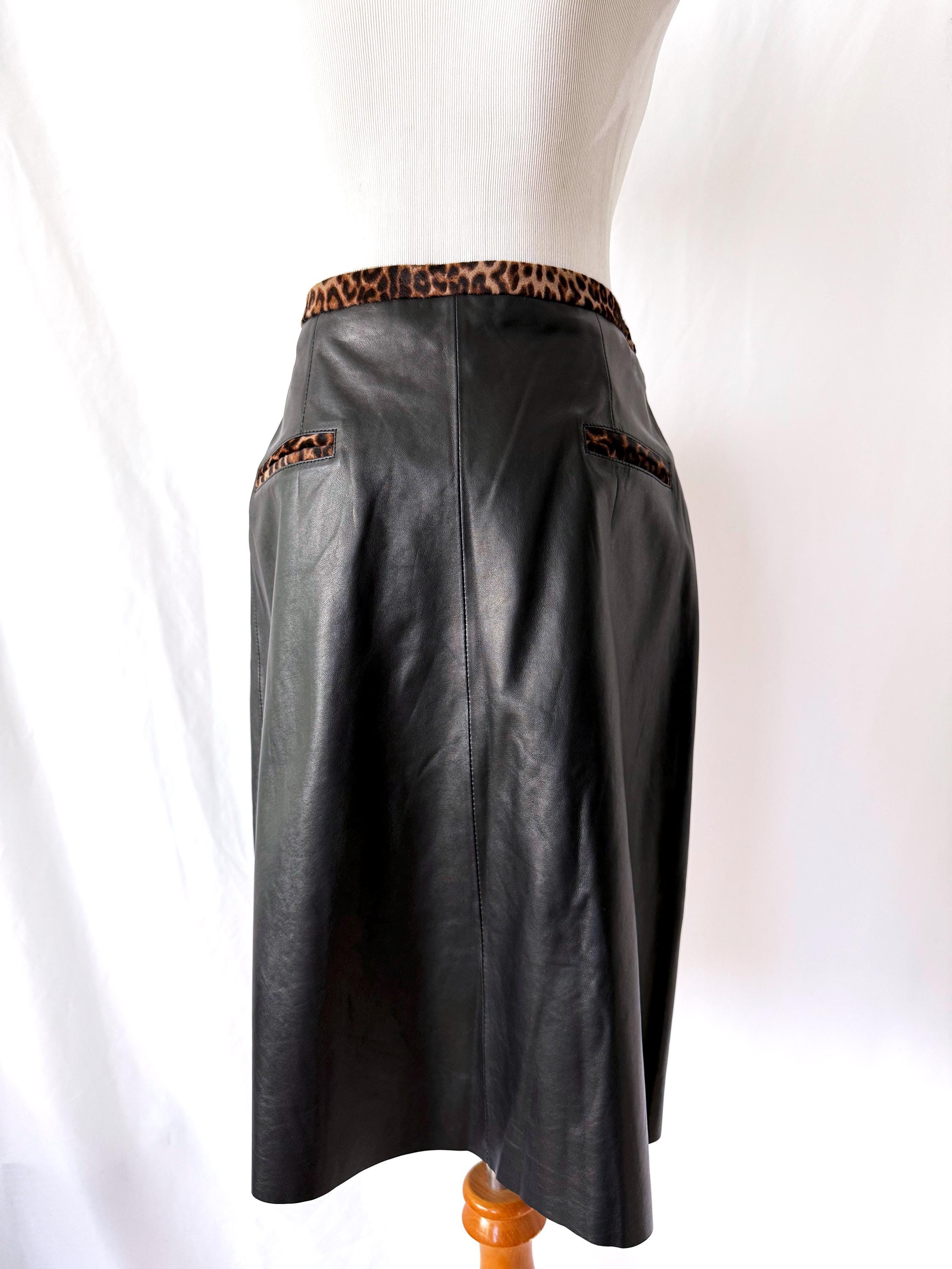 vintage leopard print leather skirt size 10 / 12