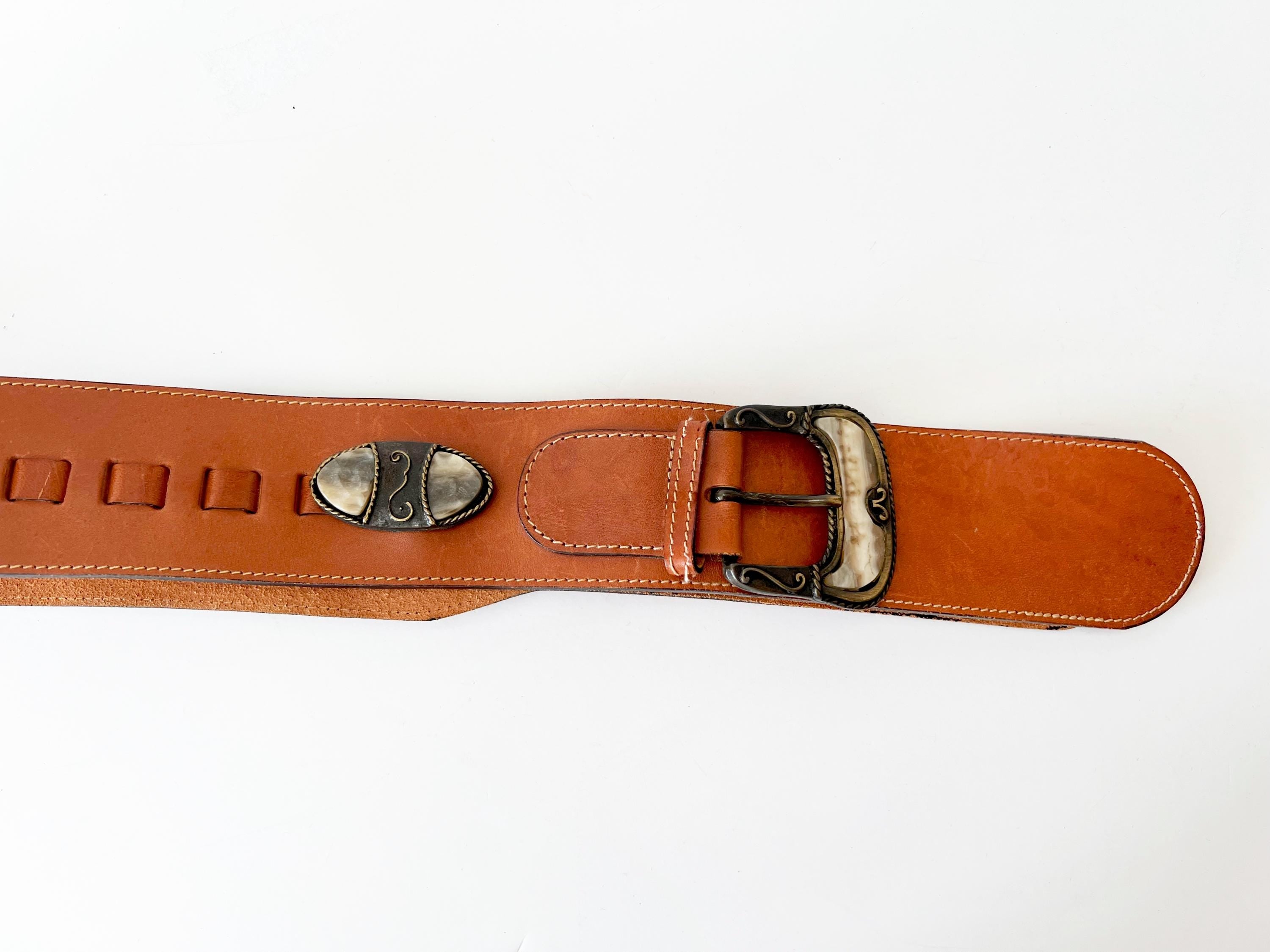 vintage wide belt stone metal and leather cinch belt / large