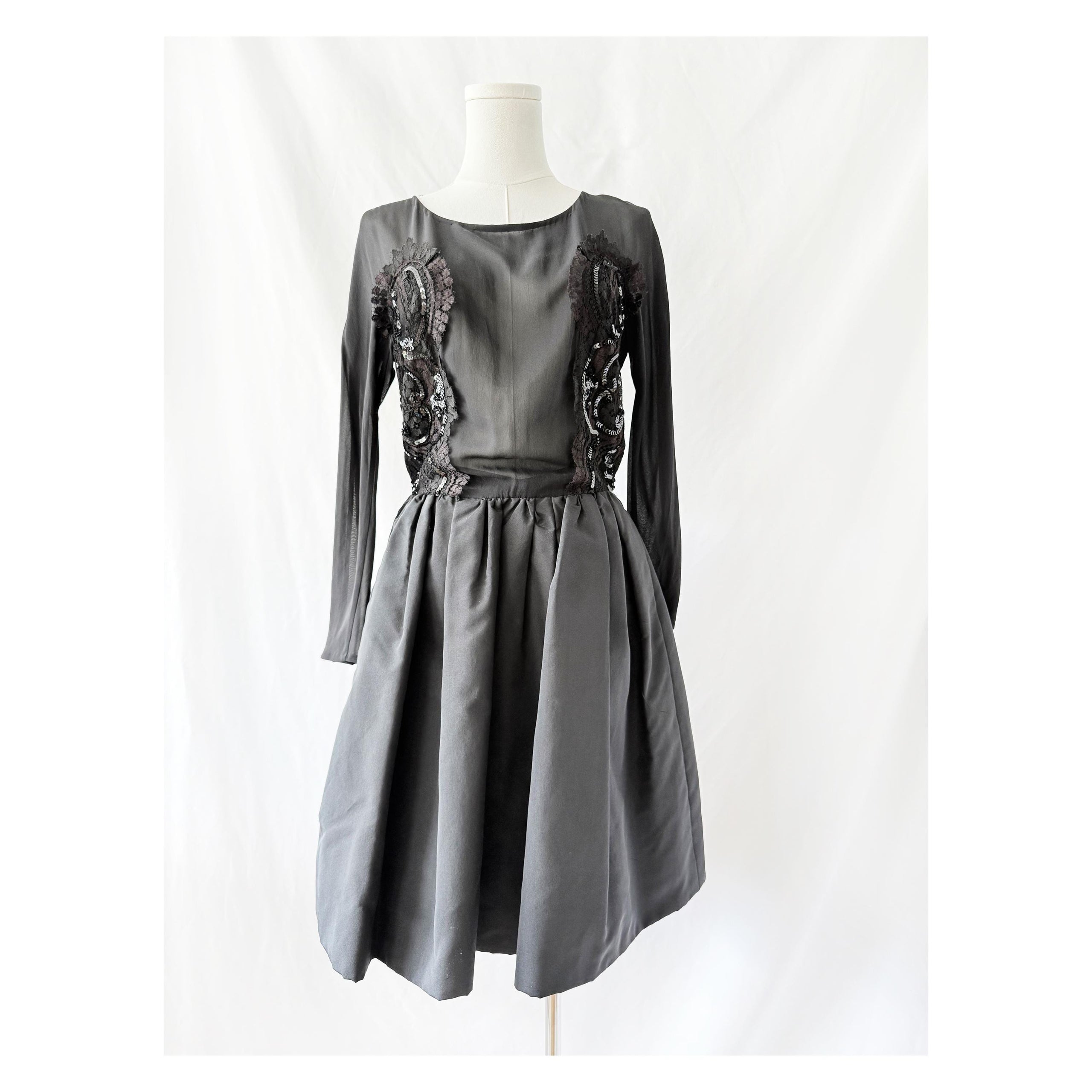 1990s Christian Lacroix Black Dress: Sheer Lace Sequin Top, Bubble Skirt (Small)
