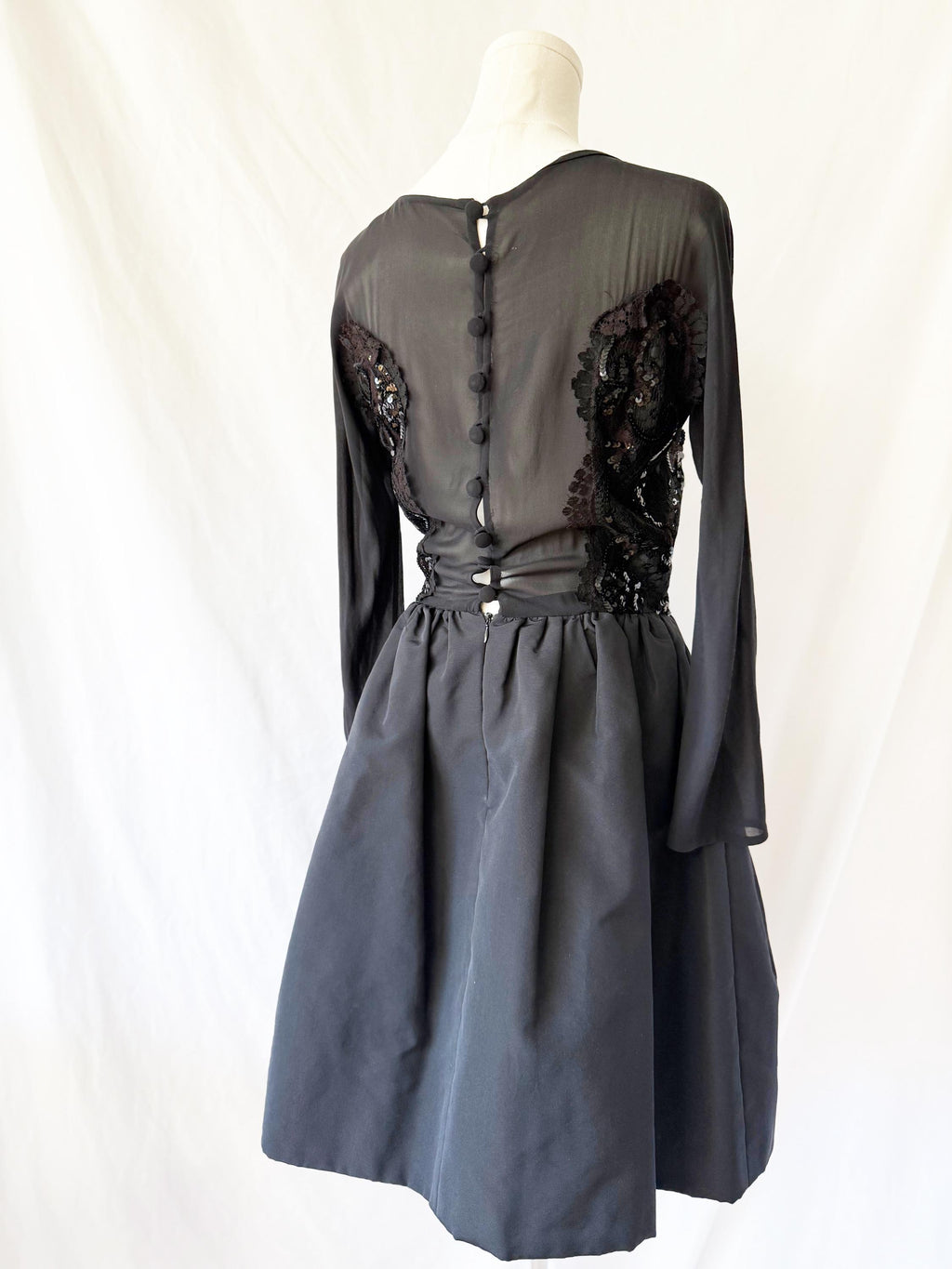 1990s Christian Lacroix Black Dress: Sheer Lace Sequin Top, Bubble Skirt (Small)