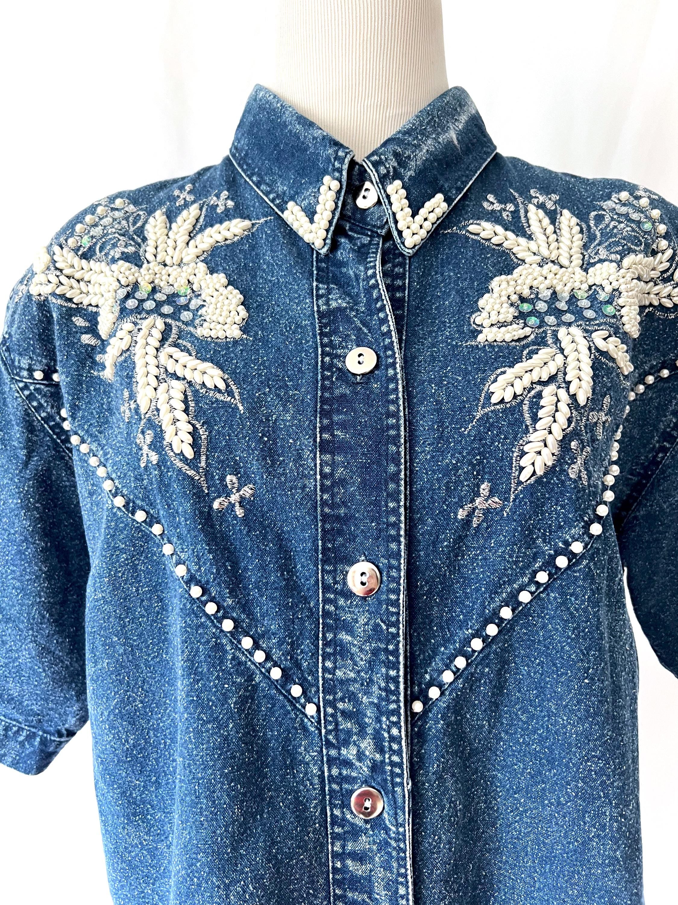 vintage 80s sequins and pearls denim shirt large