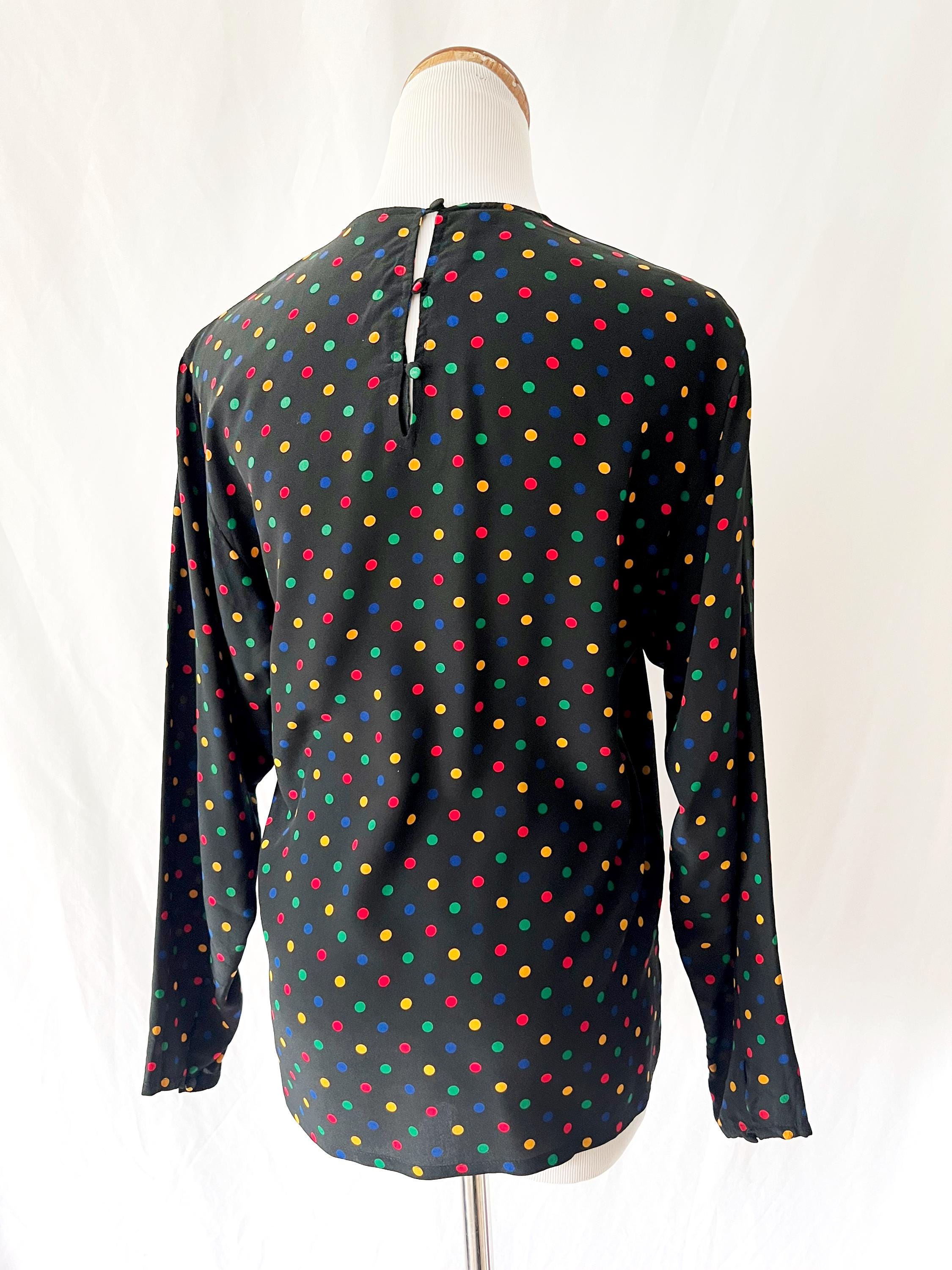 Vintage Jaeger Silk Blouse: 1980s Polka Dot with Fringe Sash, Small