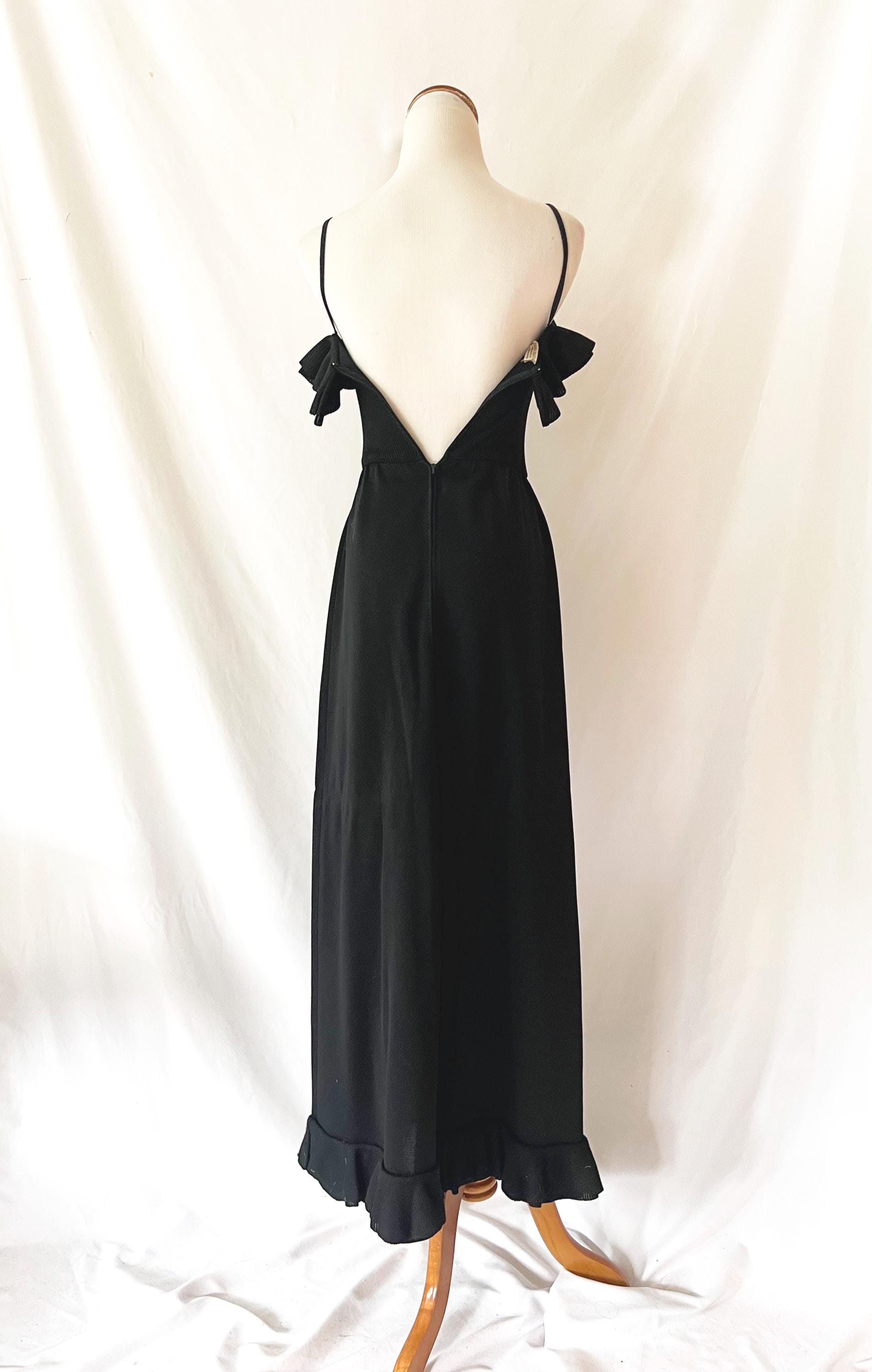 1970s long black dress / vintage 70s ruffle knit dress / floor length xsmall