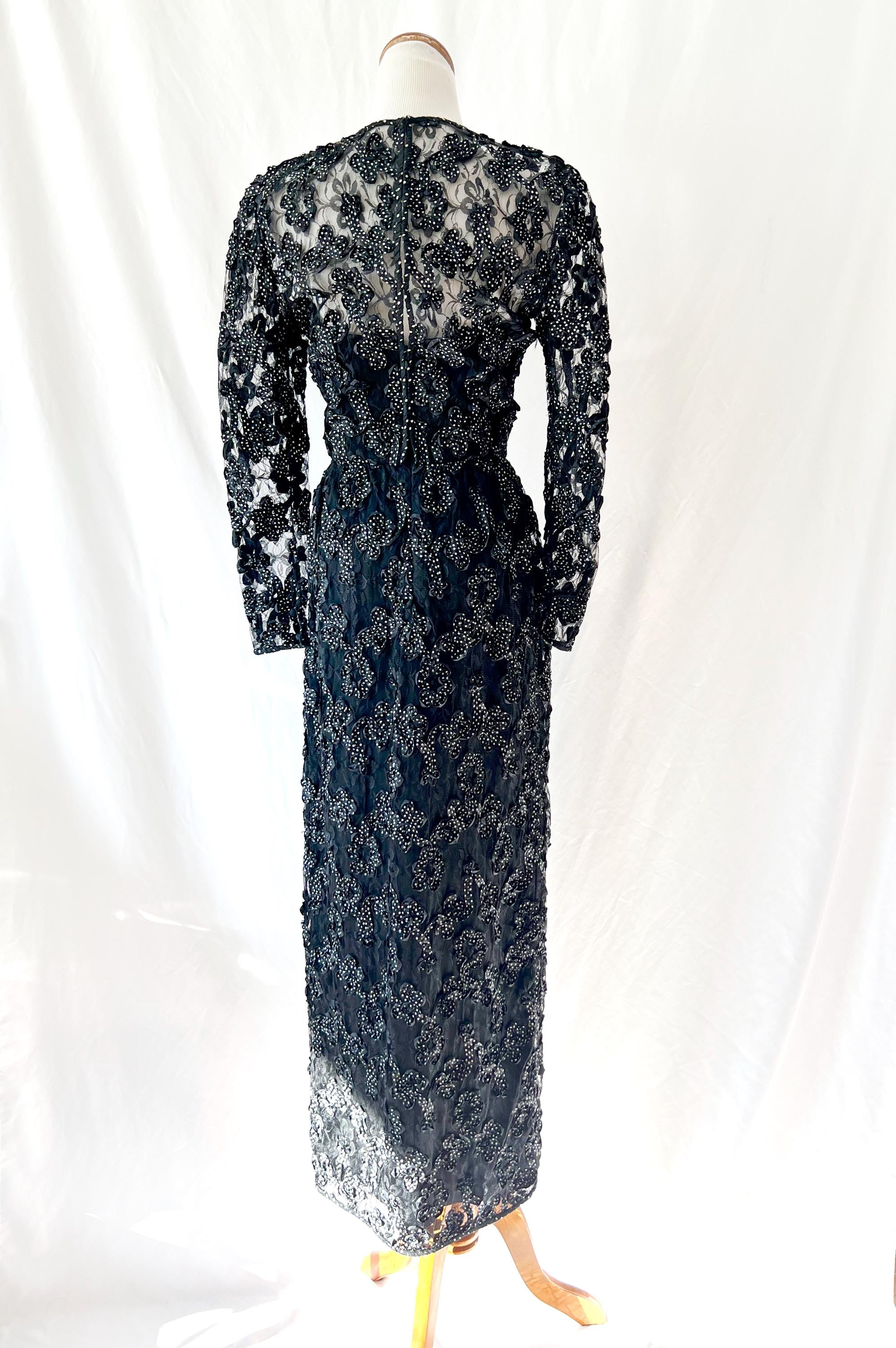 1980s Couture Gown: Vintage Black Lace Ribbon Party Dress
