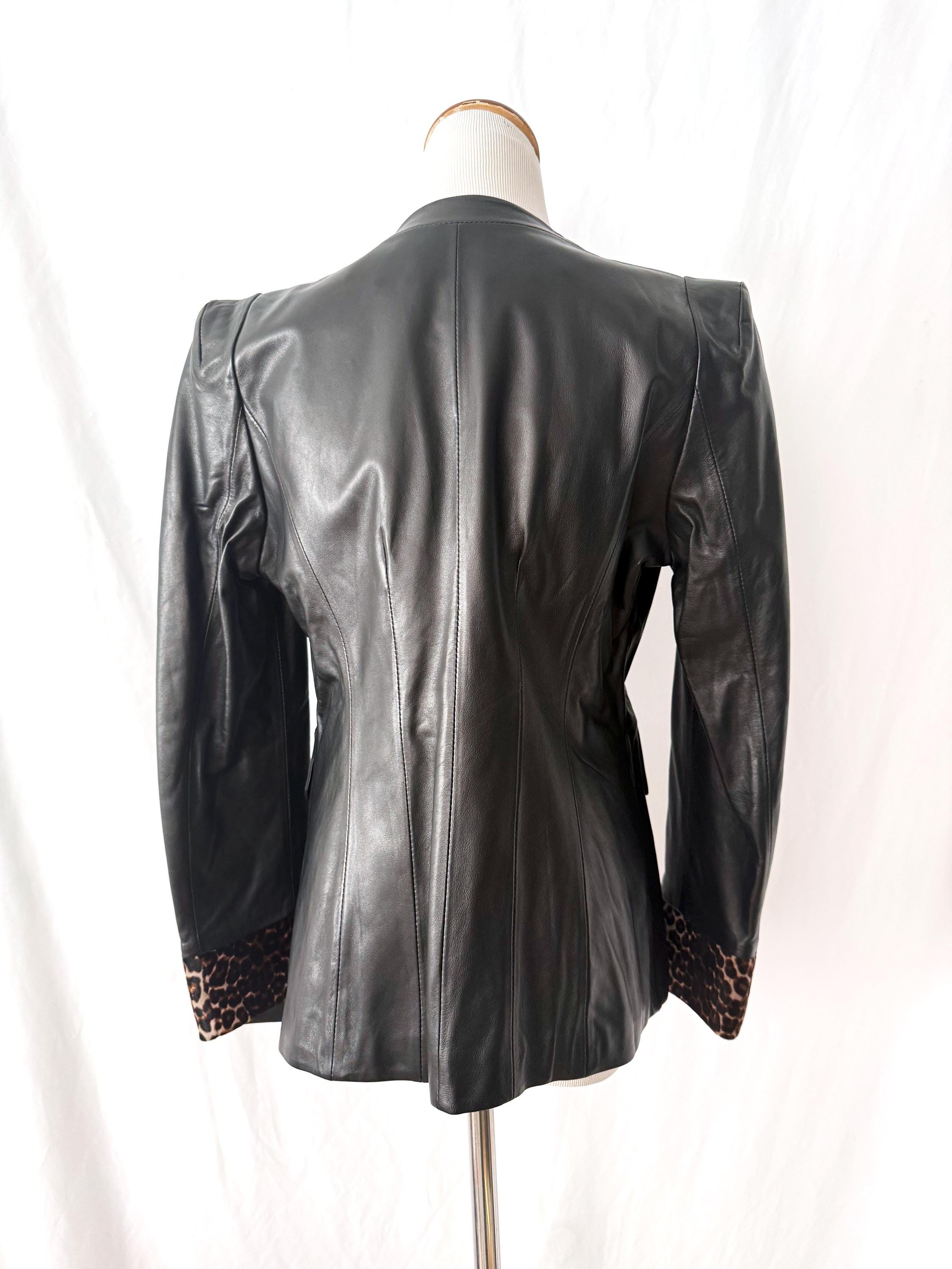 vintage black leather blazer jacket with snake skin trim