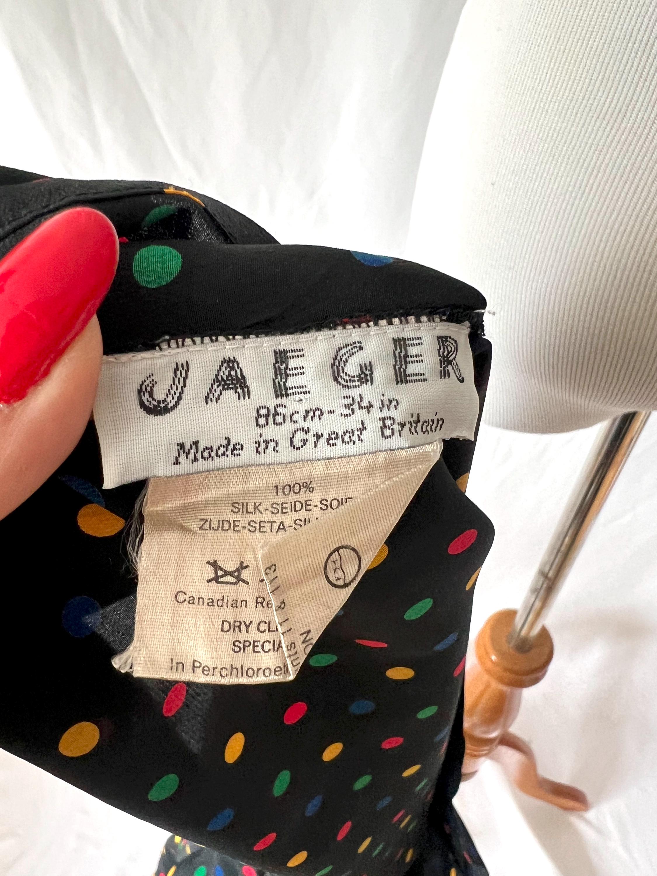 Vintage Jaeger Silk Blouse: 1980s Polka Dot with Fringe Sash, Small