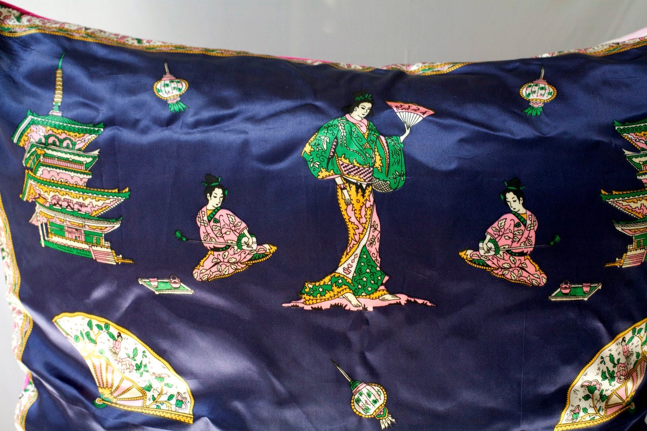 Vintage Silk Scarf Pillow Cover: Japan Cherry Blossoms, Pink Piping