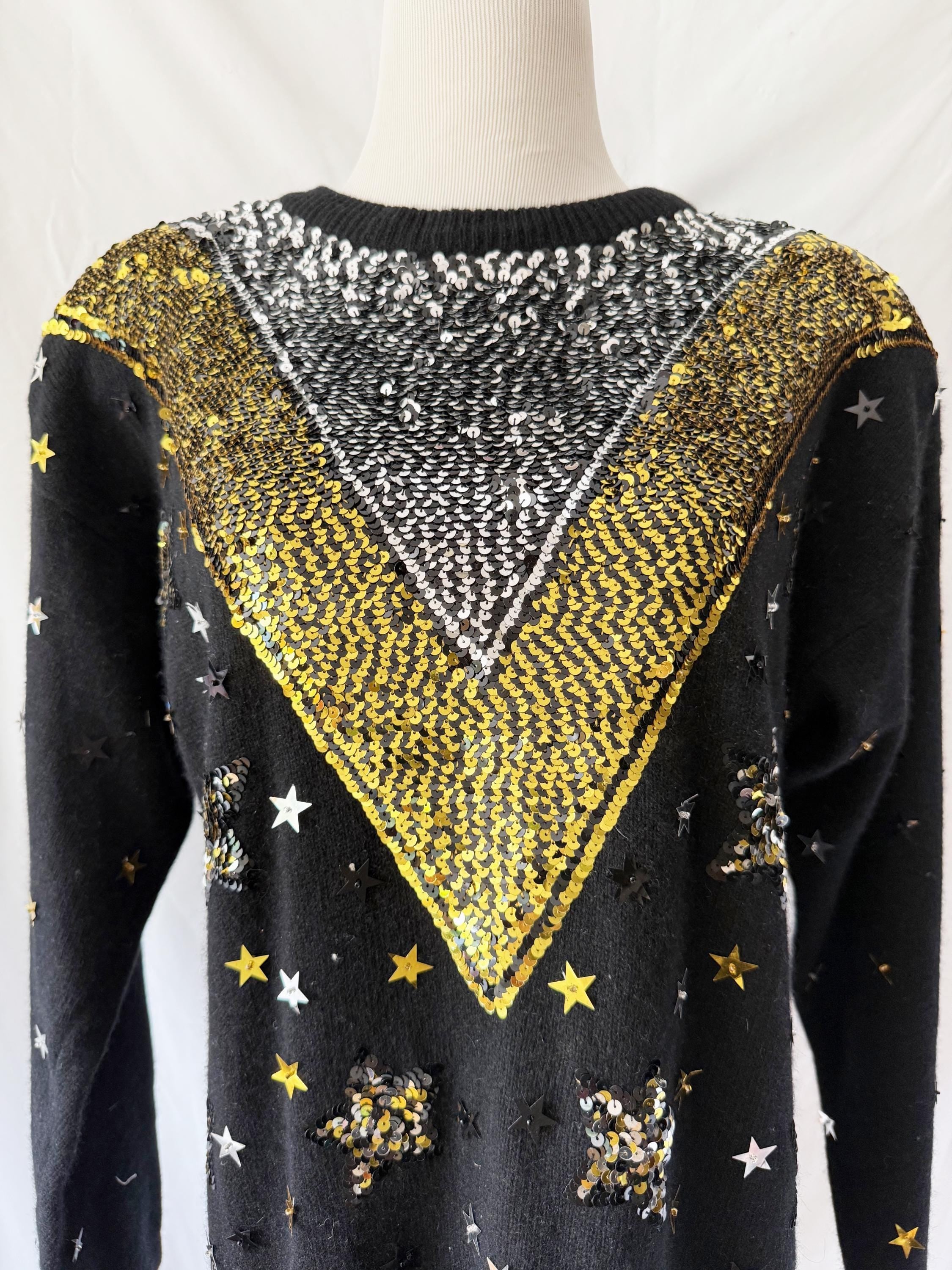 Vintage Angora Wool Sequin Sweater Dress: Gold Celestial Stars, sz M