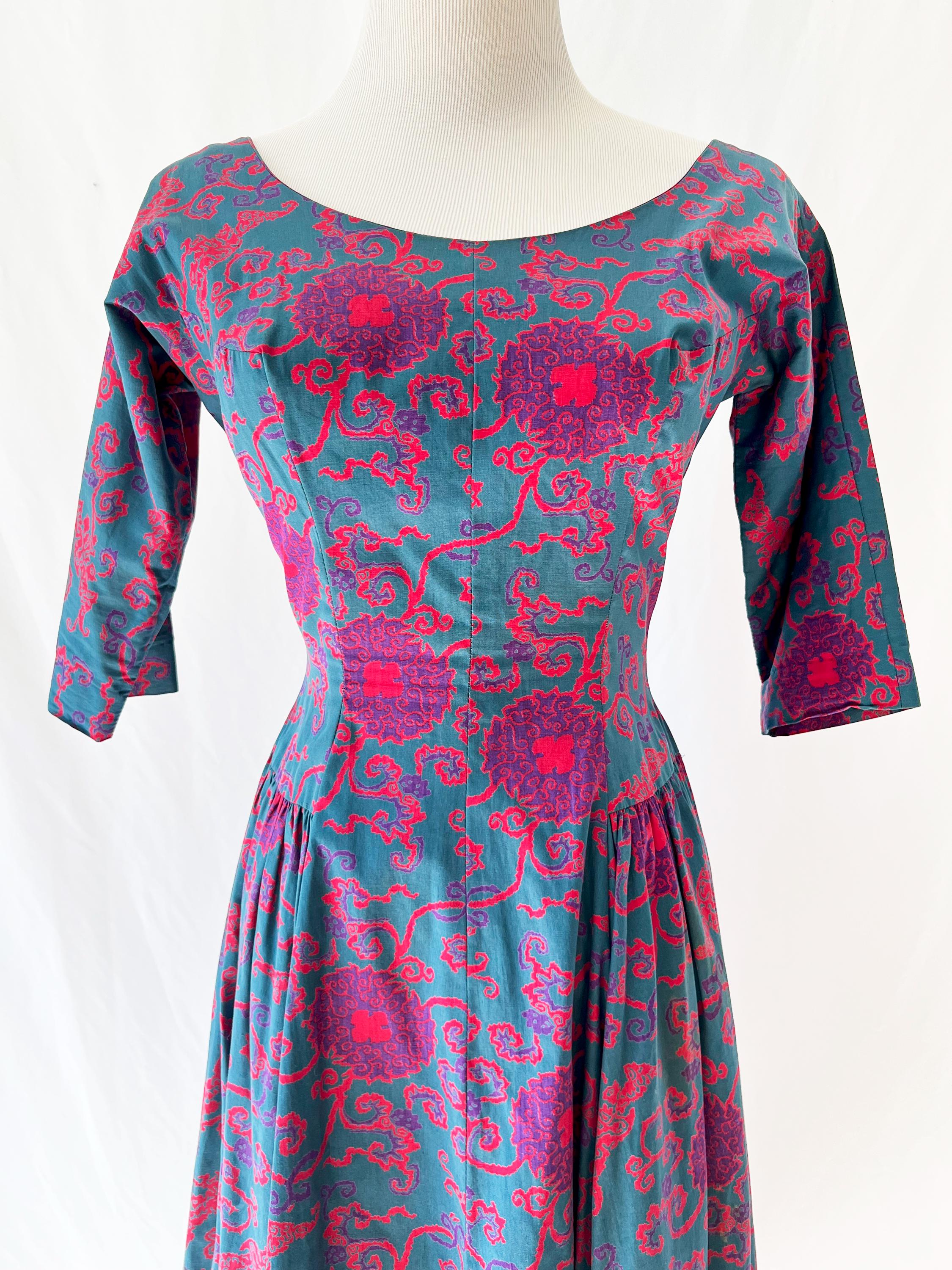 Vintage 1950s Floral Print Dress  Retro Garden Party Tea Dress Size 4