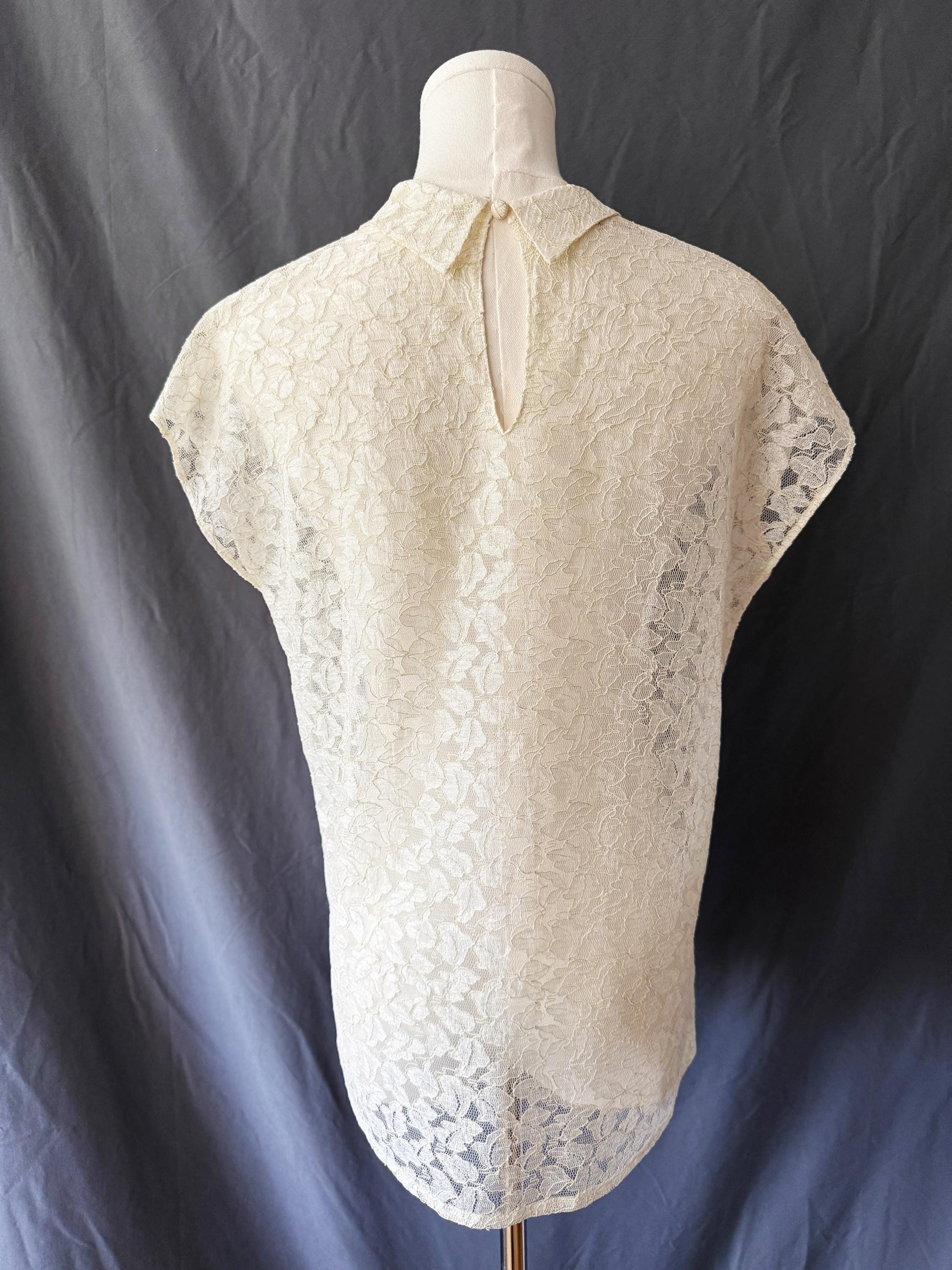 1980s Sheer Lace Blouse Oleg Cassini Large