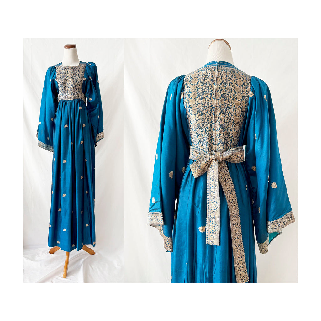 Vintage 70s Silk Gown: Turquoise Blue Embroidered Bell Sleeve Dress