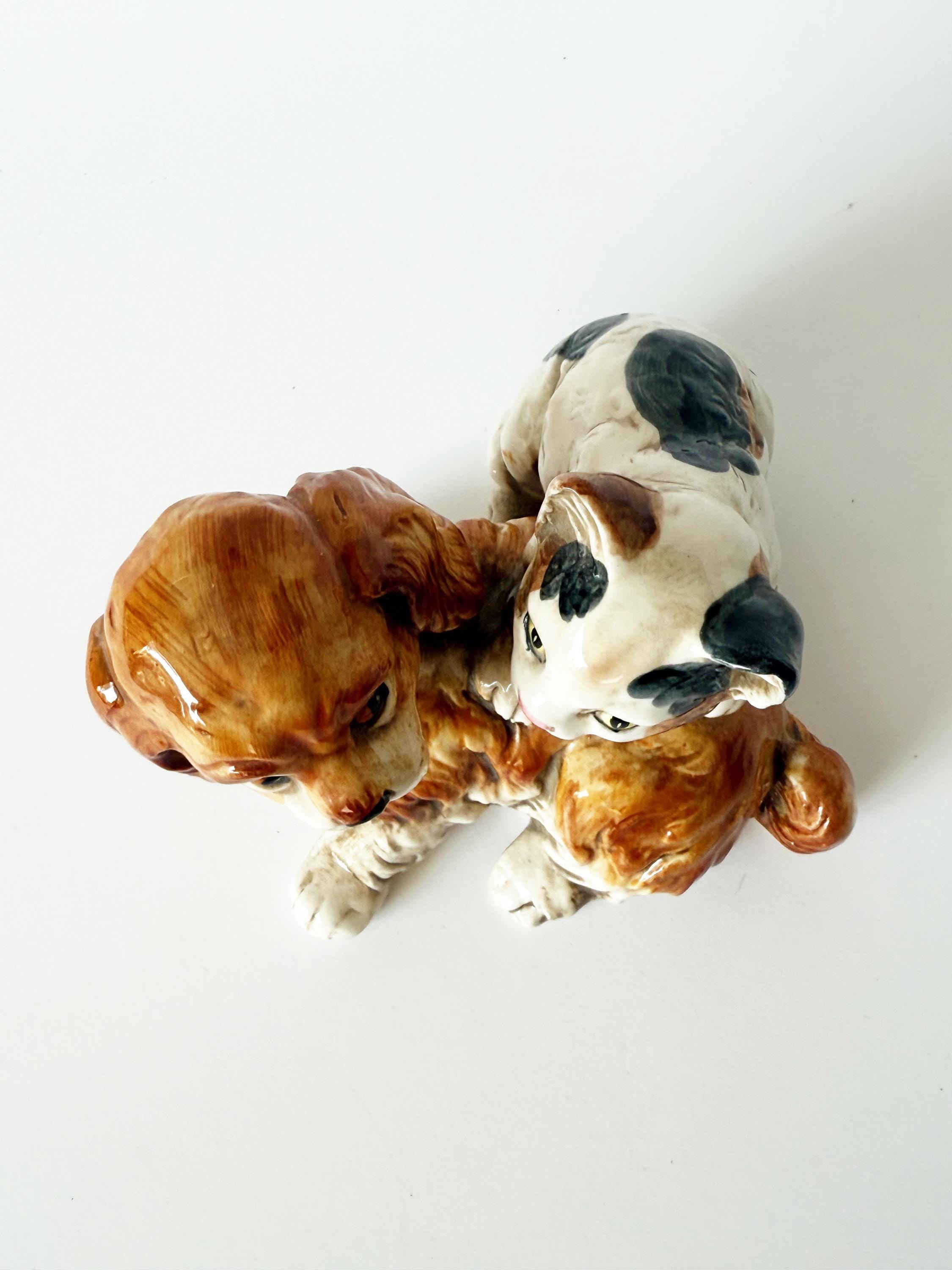 Vintage Enesco Porcelain Spaniel Puppy Dog with Playful Kitten Cat Collectible Figurine