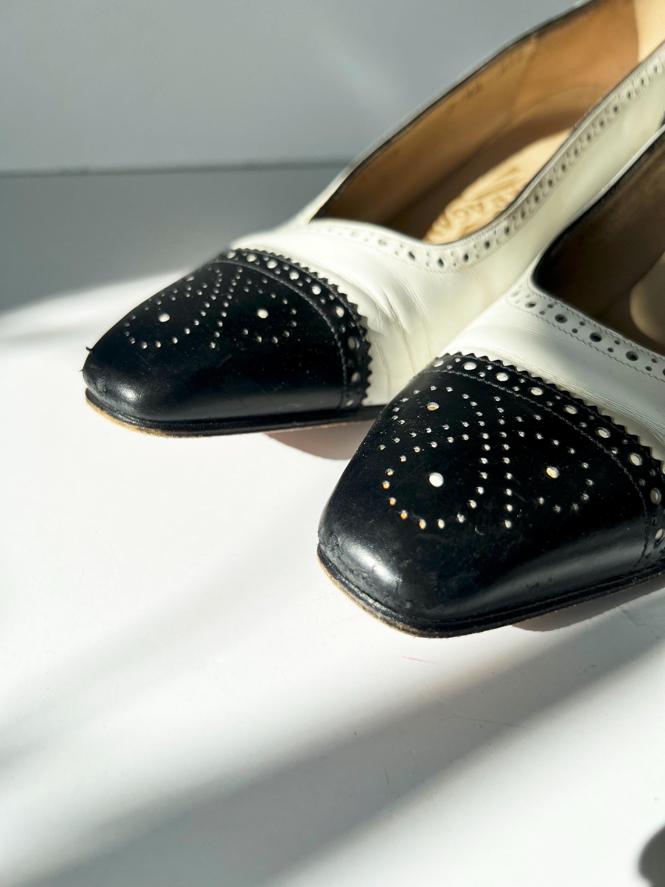 Vintage Salvatore Ferragamo Leather Kitten Heel Pumps: Black & White Oxford, Size 7 Narrow