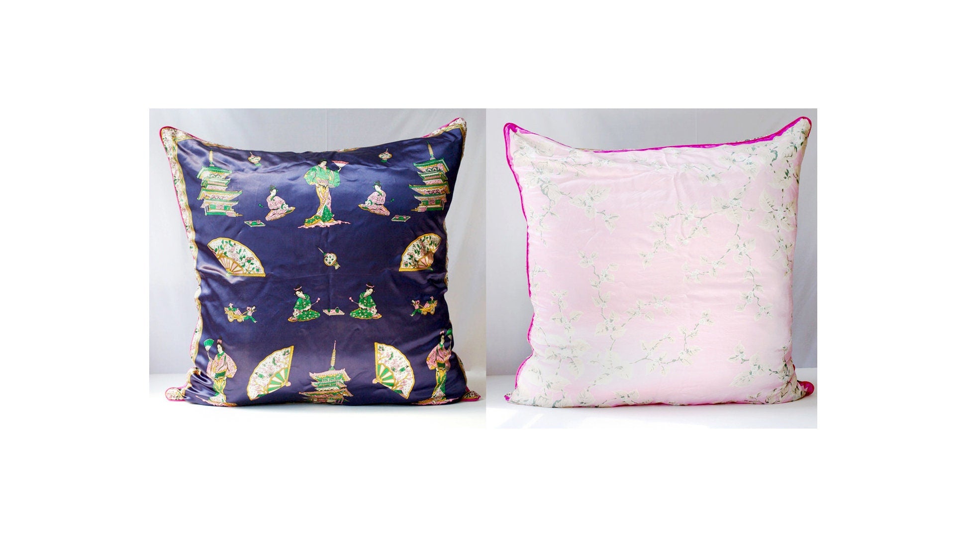 Vintage Silk Scarf Pillow Cover: Japan Cherry Blossoms, Pink Piping