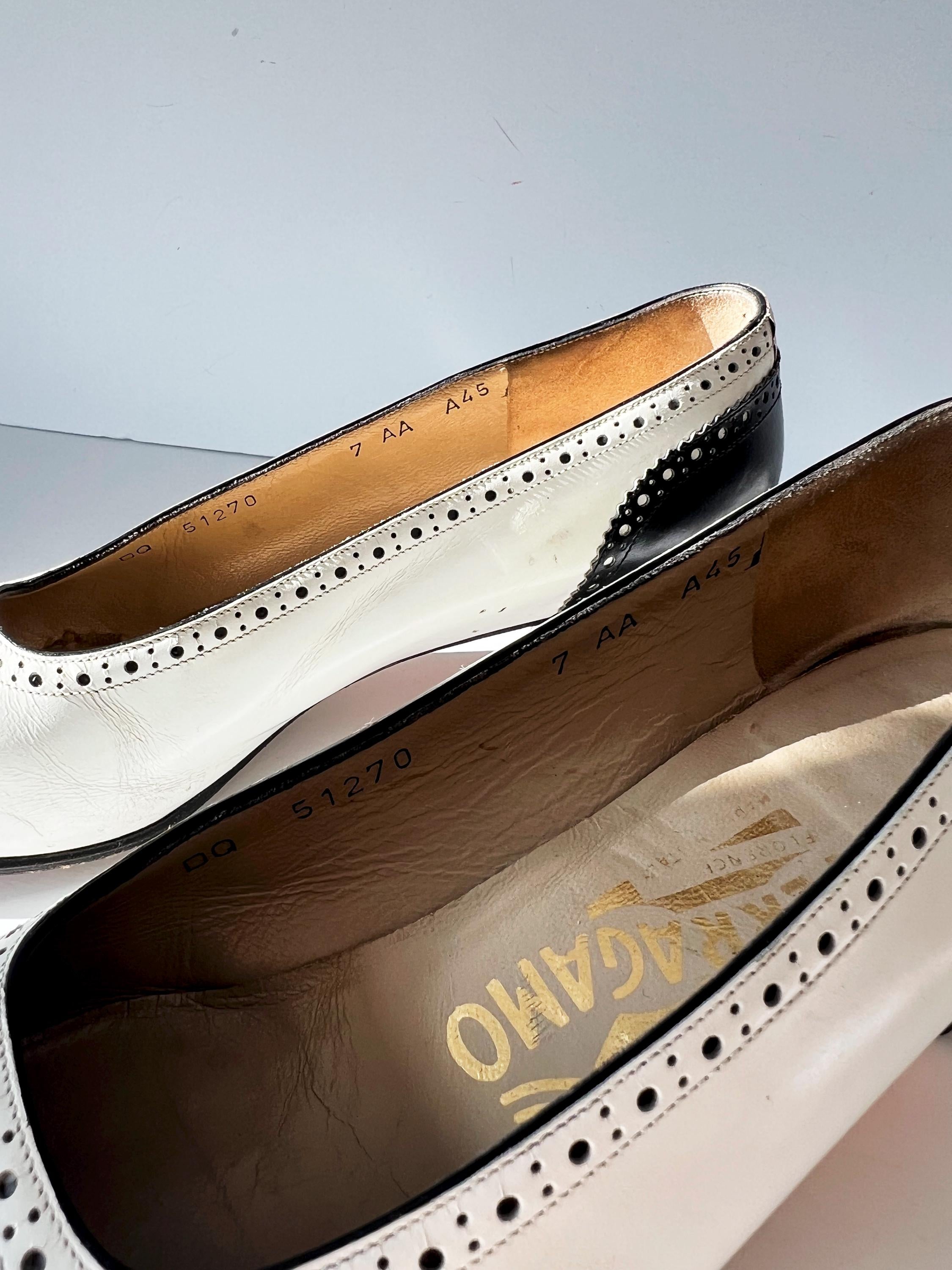 Vintage Salvatore Ferragamo Leather Kitten Heel Pumps: Black & White Oxford, Size 7 Narrow