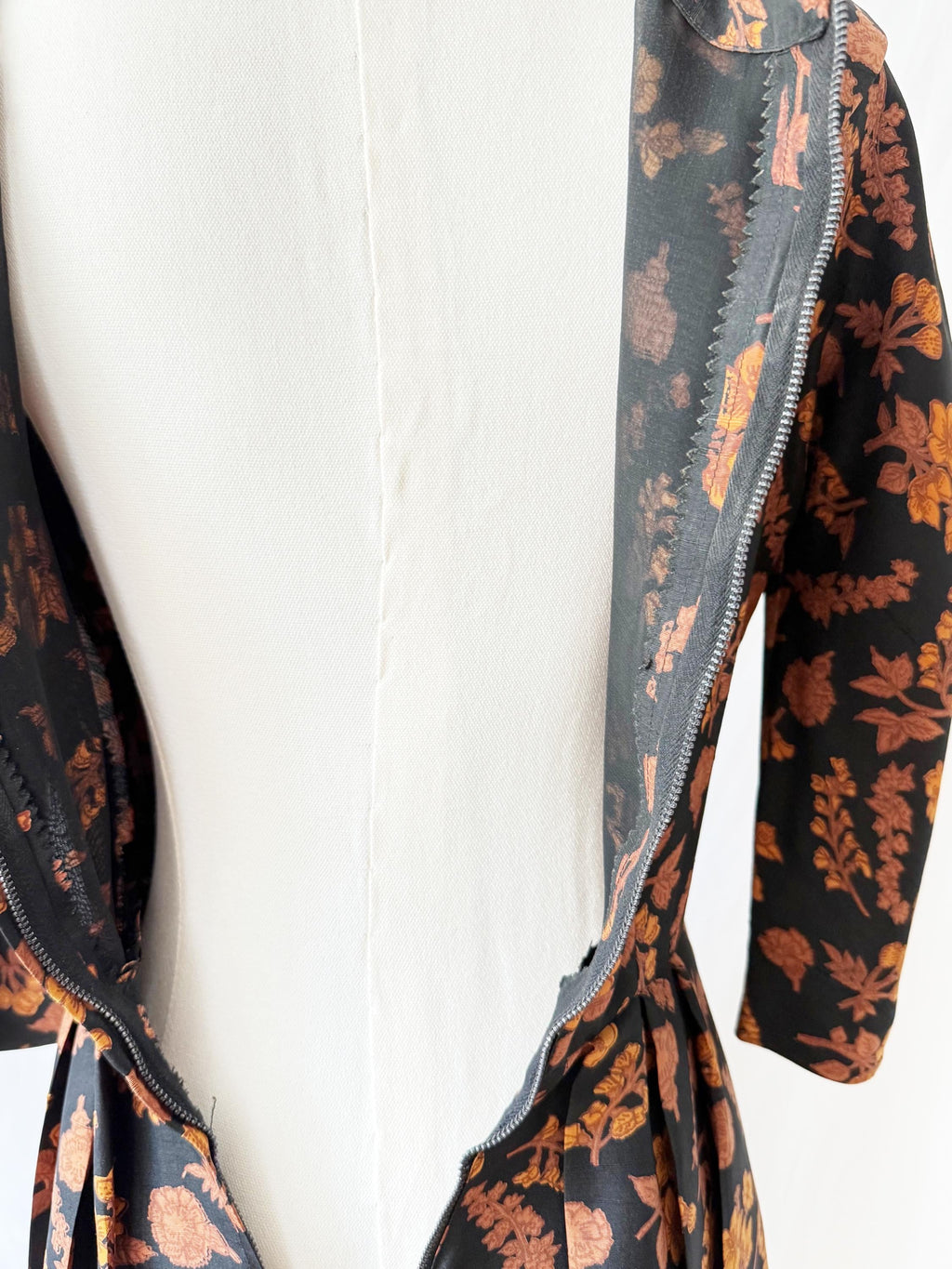 Vintage 1950s Autumn Leaves Silk Midi Dress Small