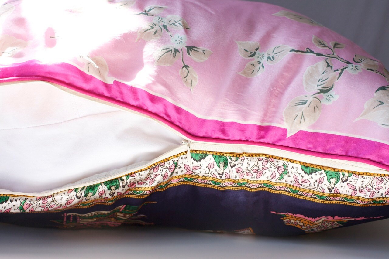Vintage Silk Scarf Pillow Cover: Japan Cherry Blossoms, Pink Piping