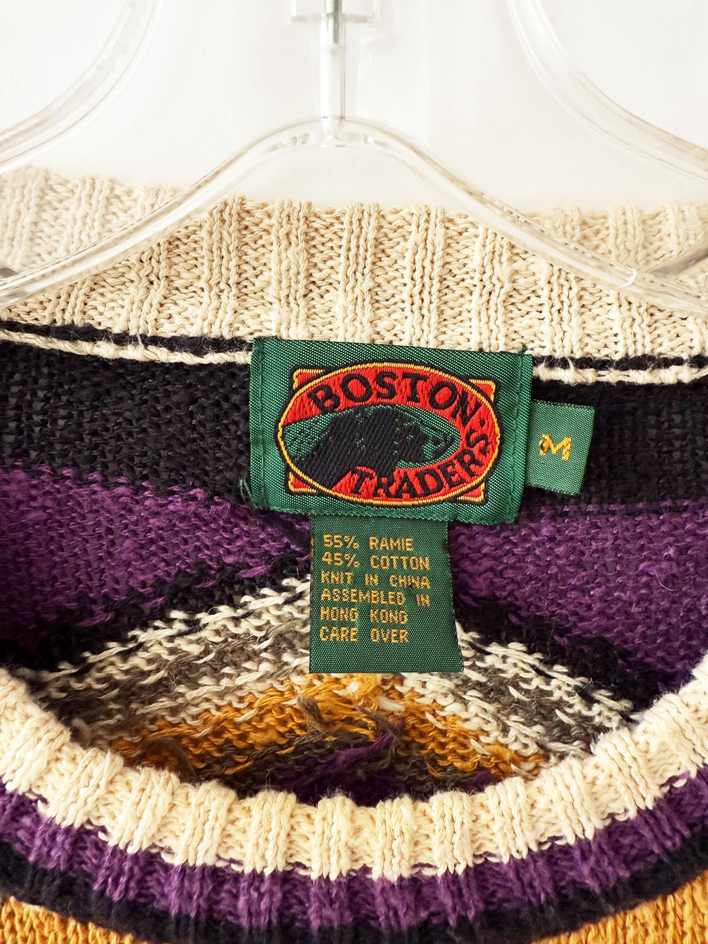 Vintage 90s Knit Sweater: Boston Trader Cotton Ramie Geometric Jumper