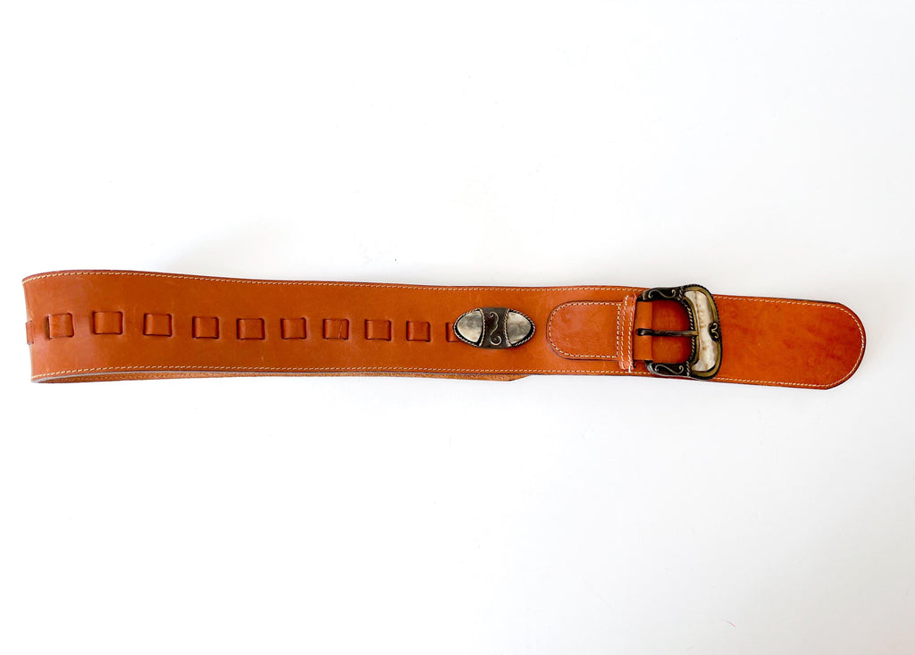 vintage wide belt stone metal and leather cinch belt / large